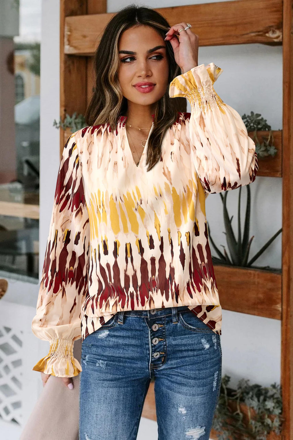 FreshPretty Womens V Neck Floral Long Sleeve Tops Summer Casual Loose Puff Sleeve Chiffon Boho Work Blouse Dressy T Shirts