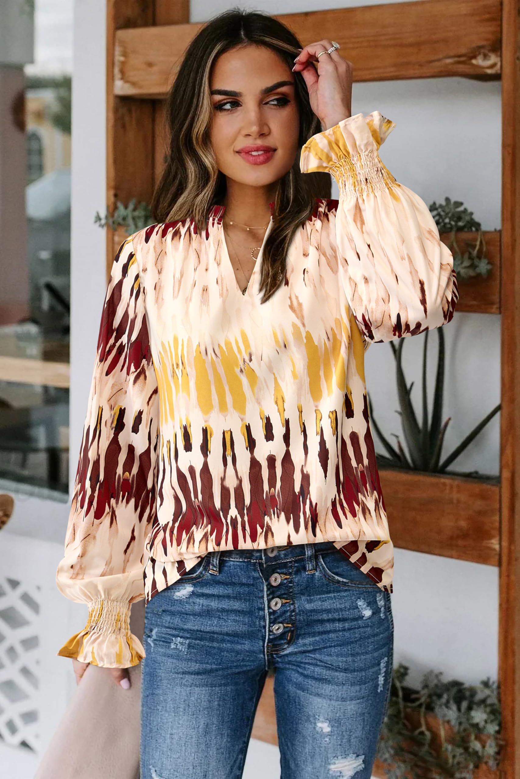 FreshPretty Womens V Neck Floral Long Sleeve Tops Summer Casual Loose Puff Sleeve Chiffon Boho Work Blouse Dressy T Shirts