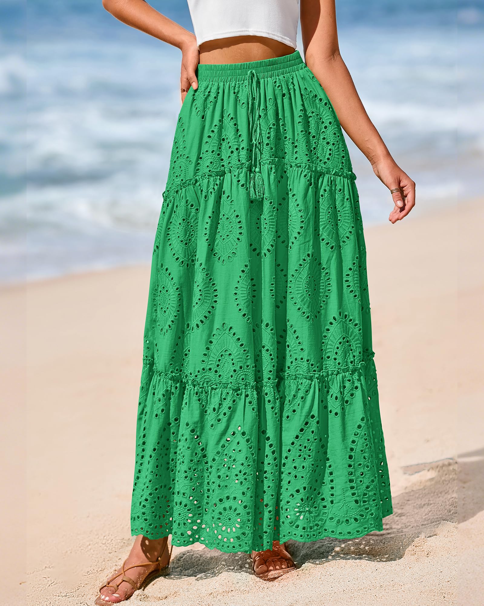 BTFBM Long Skirts for Women Summer Boho Lace Embroidery High Waist Flowy Tiered Spring Maxi Skirt Beach Vacation