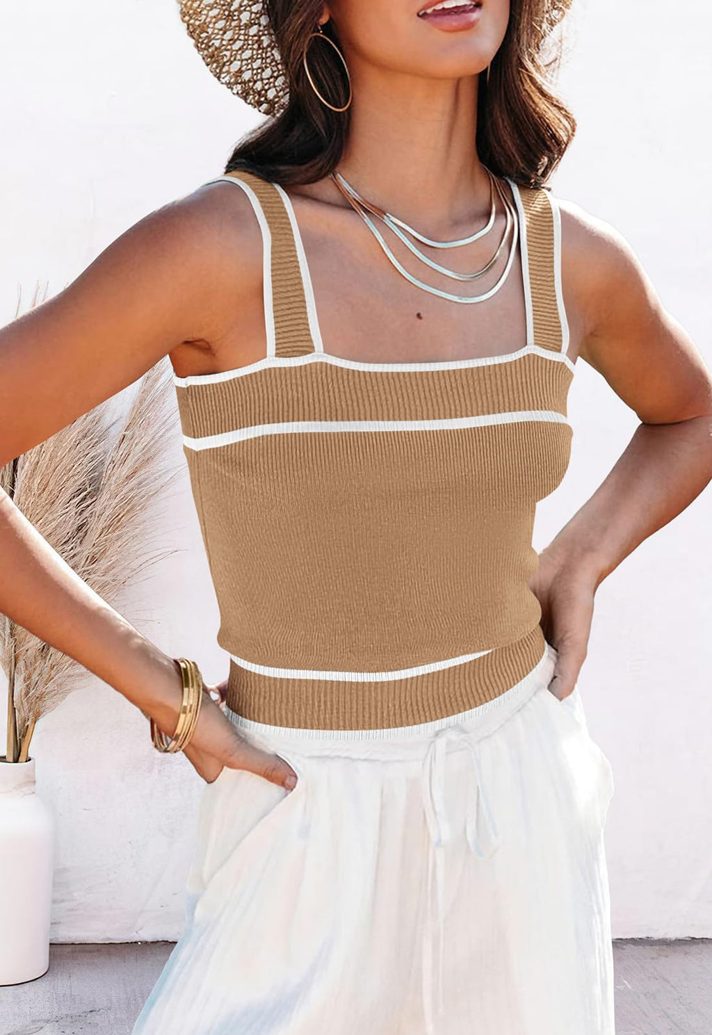 FreshPretty Women's Trendy Summer Square Neck Crop Tank Tops Casual Color Block Knit Sleeveless Slim Fit Y2k Cami Shirts