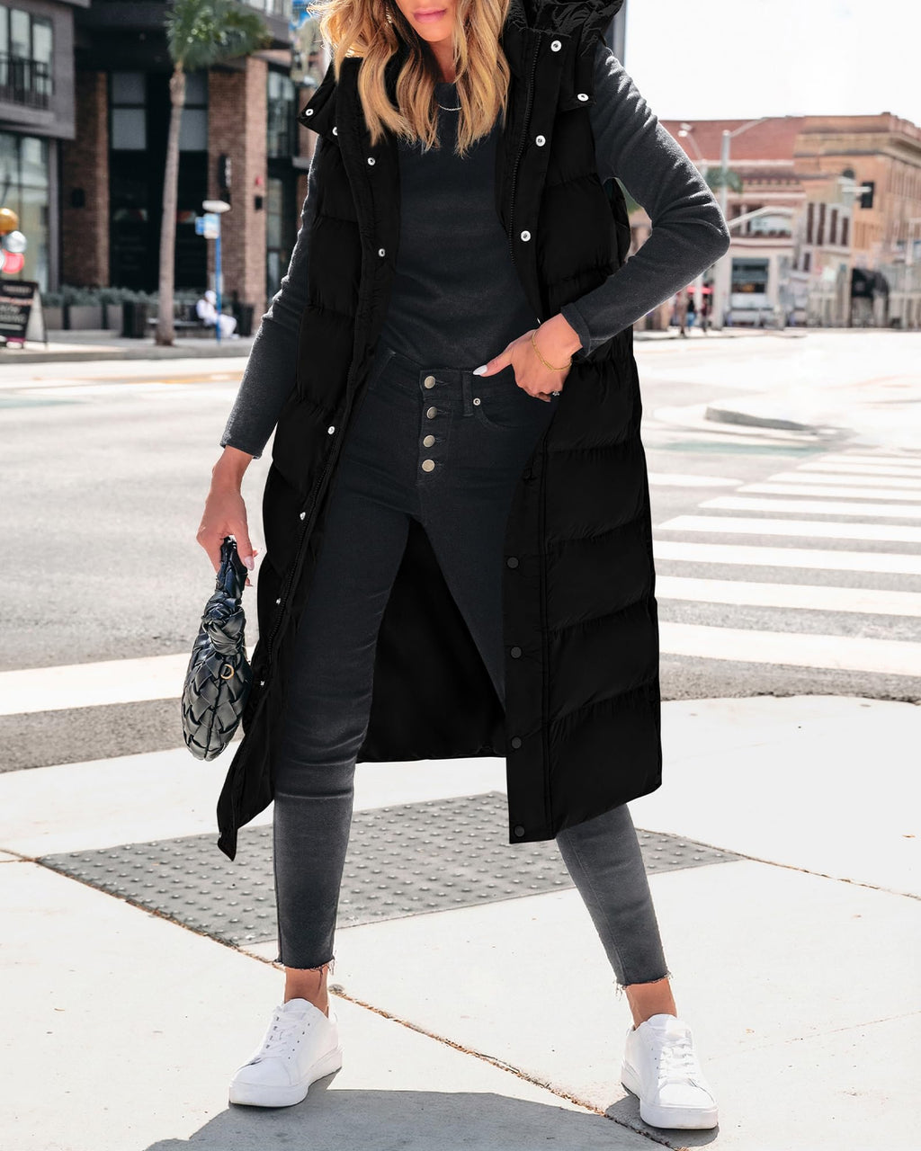 BTFBM Long Puffer Vest Women Quilted Hooded Button Down Zip Up Sleeveless Vests Outerwear Padded Jacket Fall Winter Coat