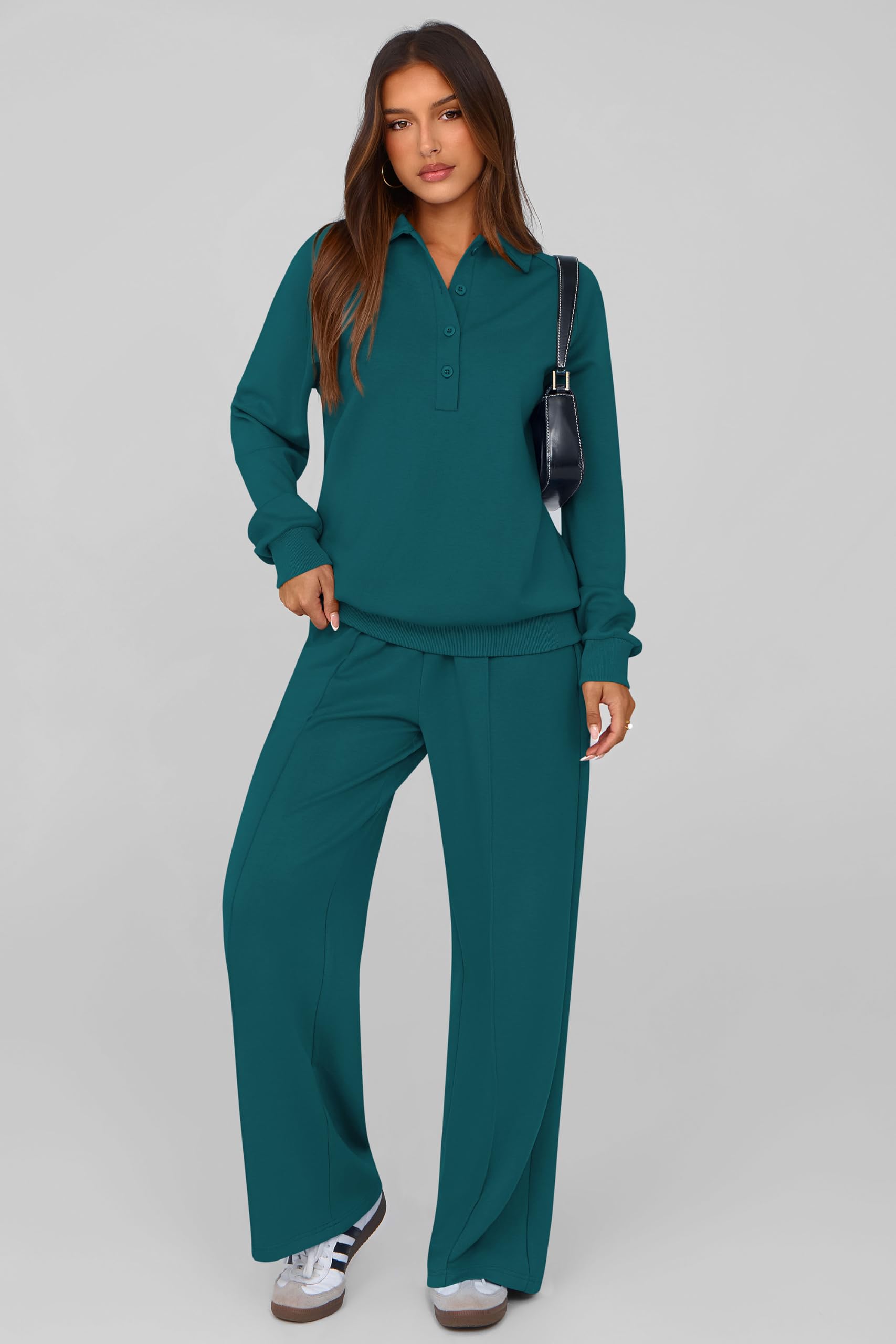 PRETTYGARDEN Women Fall 2 Piece Outfits Sweatsuits Lounge Sets Quarter Button Long Sleeve Sweatshirt, Wide Leg Sweat Pants, Casual 2 Piece Sets Tracksuit, Airport Travel Outfits for Women