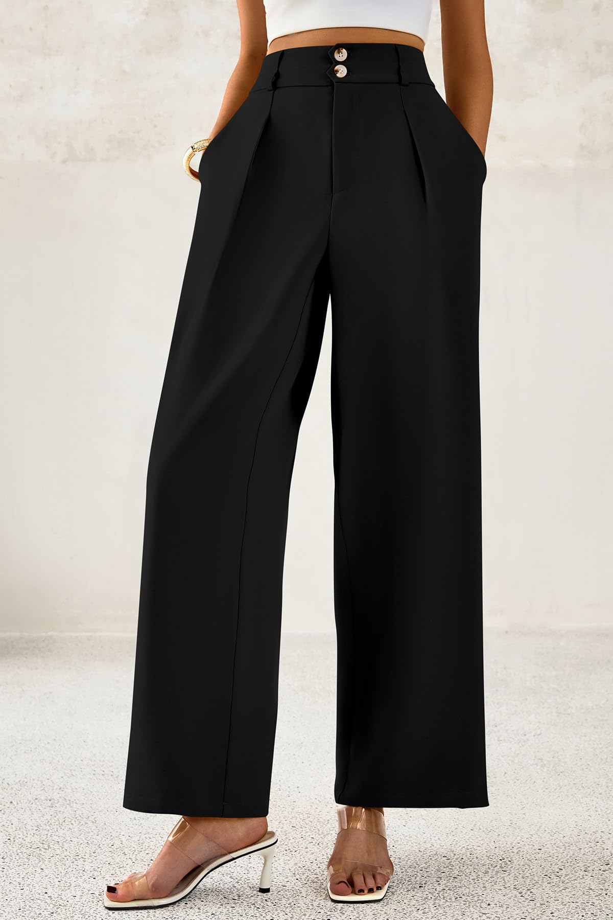 FreshPretty Women Wide Leg Dress Pants High Waist Work Trousers Button Pleated Slacks Palazzo Pants Business Casual Outfits