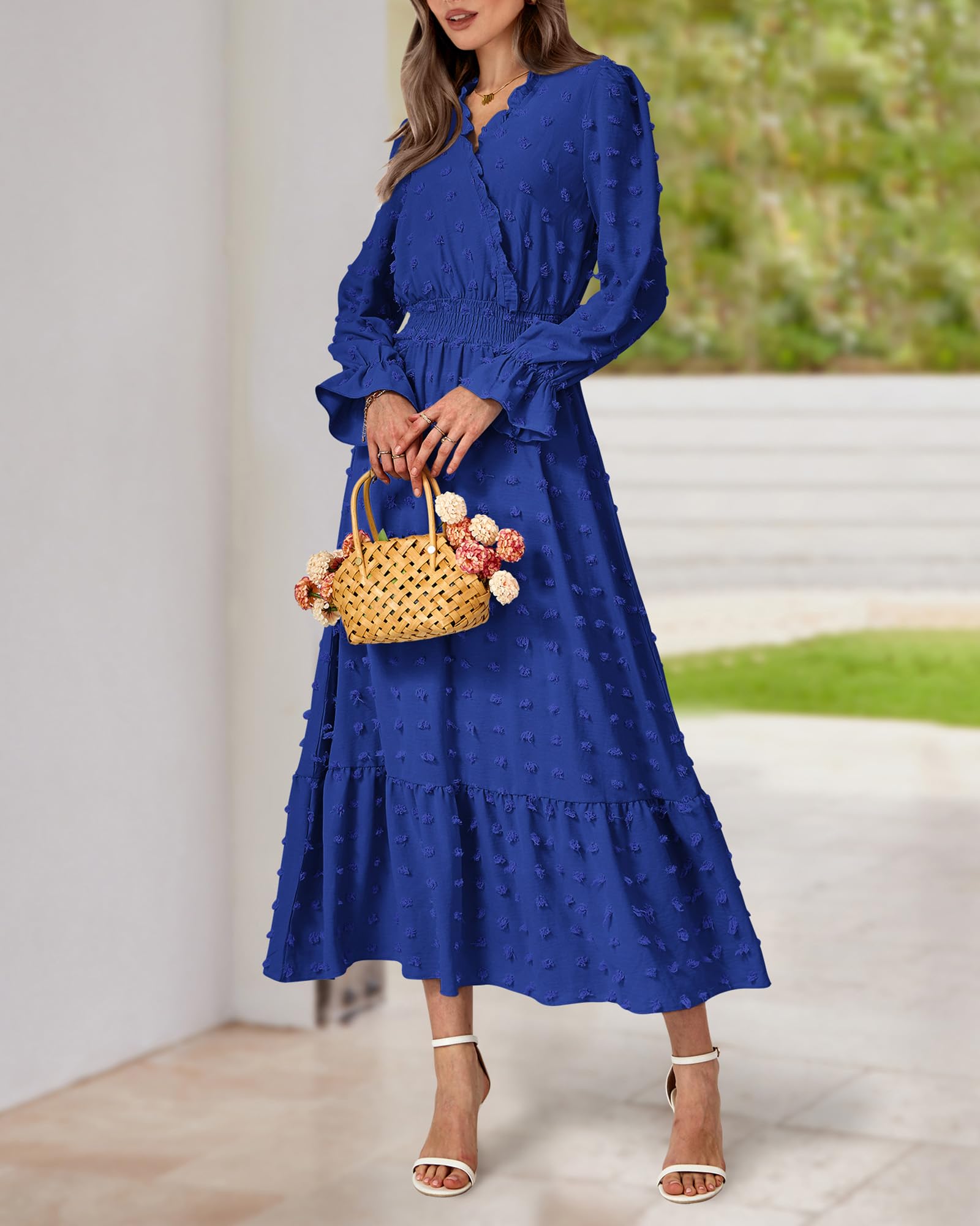 FreshPretty Women Fall Maxi Dresses Long Sleeve V Neck Swiss Dots High Waisted A-Line Ruffle Boho Long Dress Vacation