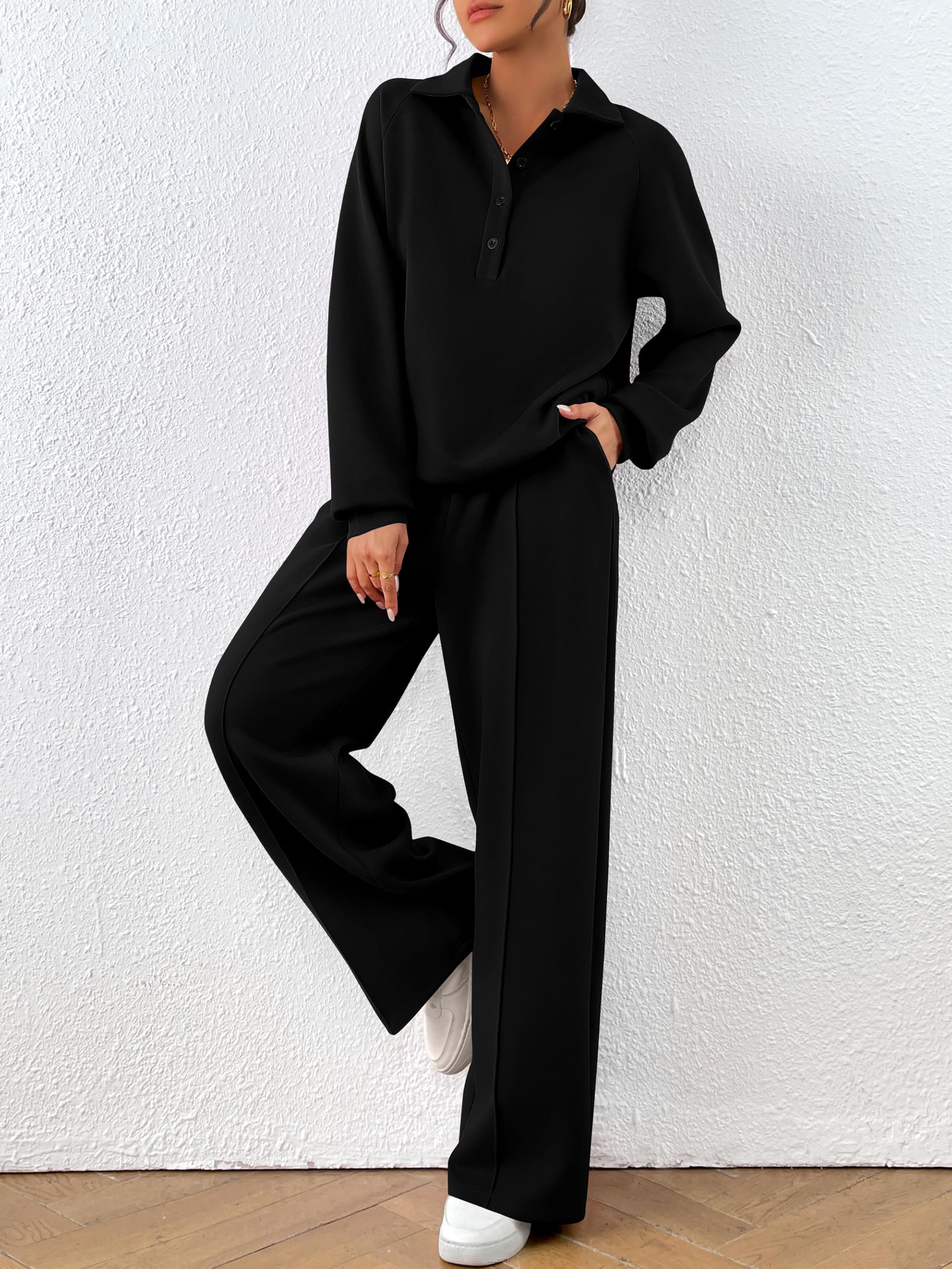 PRETTYGARDEN Women Fall 2 Piece Outfits Sweatsuits Lounge Sets Quarter Button Long Sleeve Sweatshirt, Wide Leg Sweat Pants, Casual 2 Piece Sets Tracksuit, Airport Travel Outfits for Women