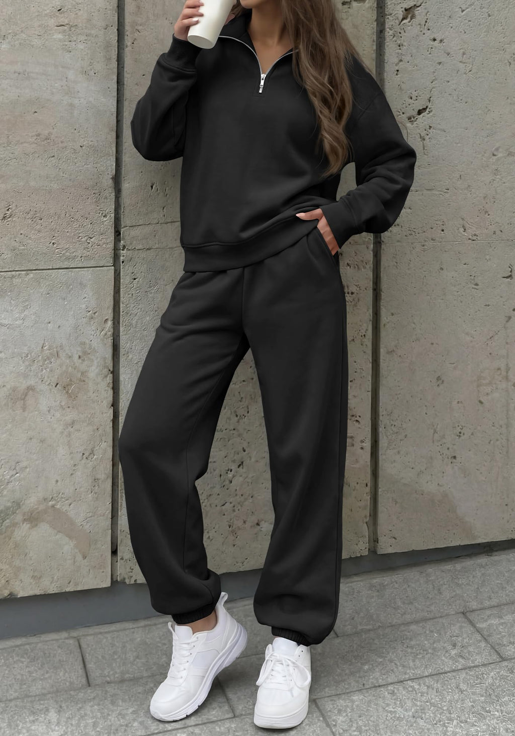 BTFBM Womens 2 Piece Outfits Sweatsuit Fleece Lounge Sets Quarter Zip Pullover Sweatshirt,Baggy Jogger Sweatpants,Fall Fashion Clothing,Airport Travel Matching Sweat Set