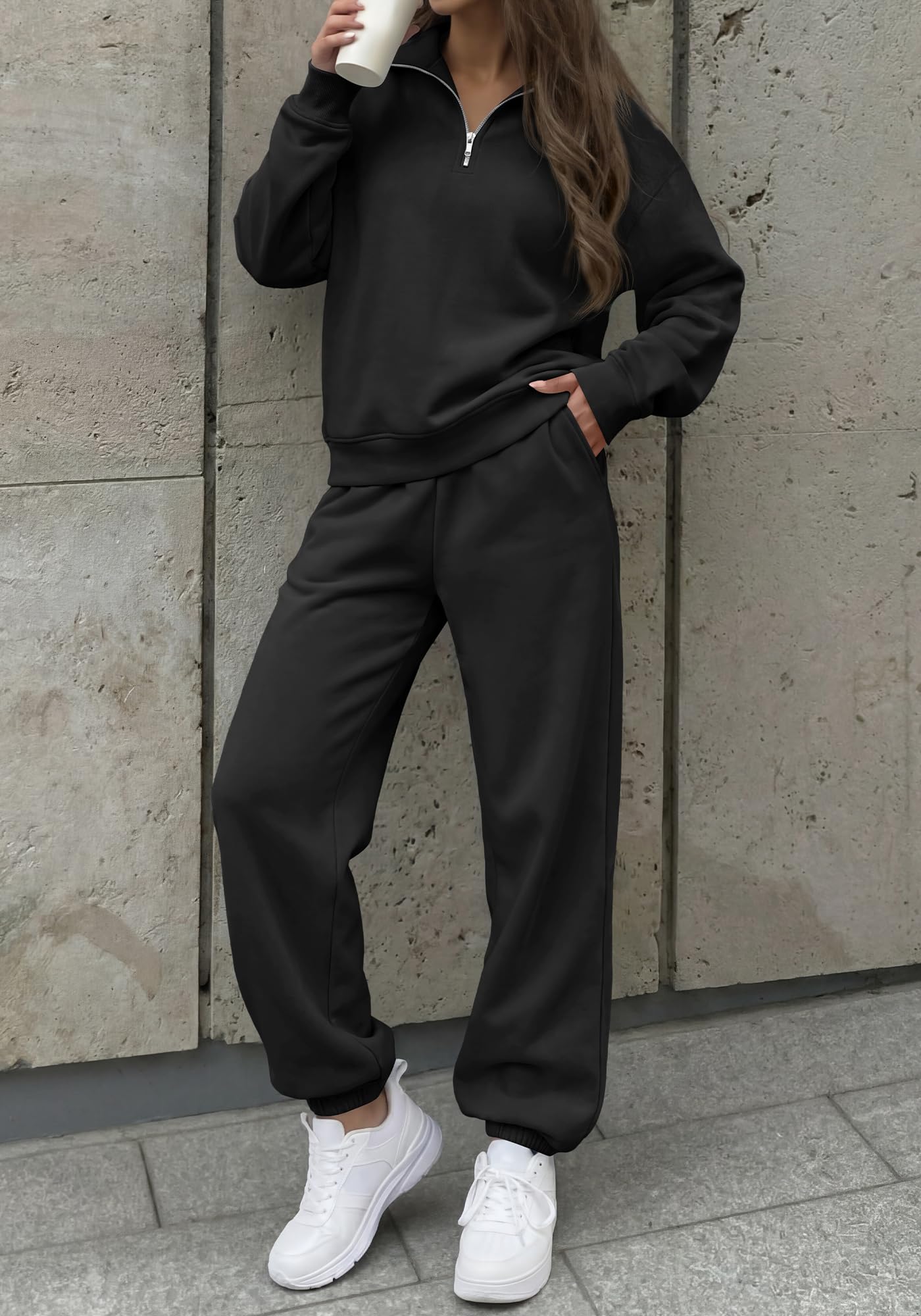 BTFBM Womens 2 Piece Outfits Sweatsuit Fleece Lounge Sets Quarter Zip Pullover Sweatshirt,Baggy Jogger Sweatpants,Fall Fashion Clothing,Airport Travel Matching Sweat Set