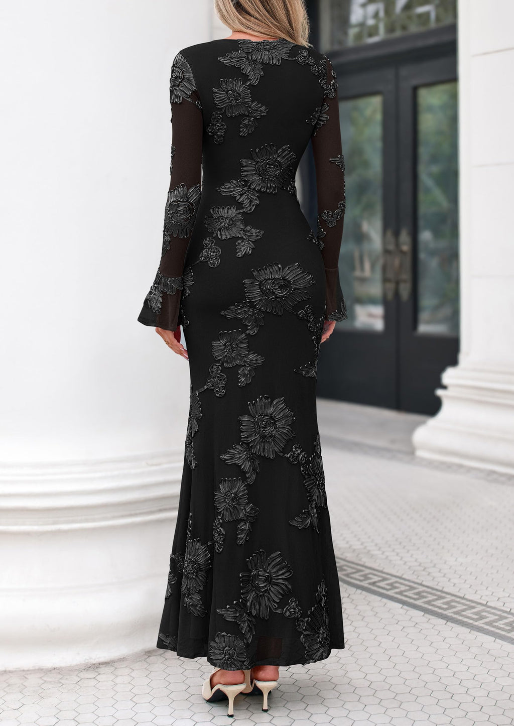 PRETTYGARDEN Women's Formal Floral Maxi Bodycon Dresses Ruffle Long Sleeve, Fall Winter Outfits 2026 for Wedding Guest, Homecoming & Cocktail, Slimming Mesh Dress with Lining