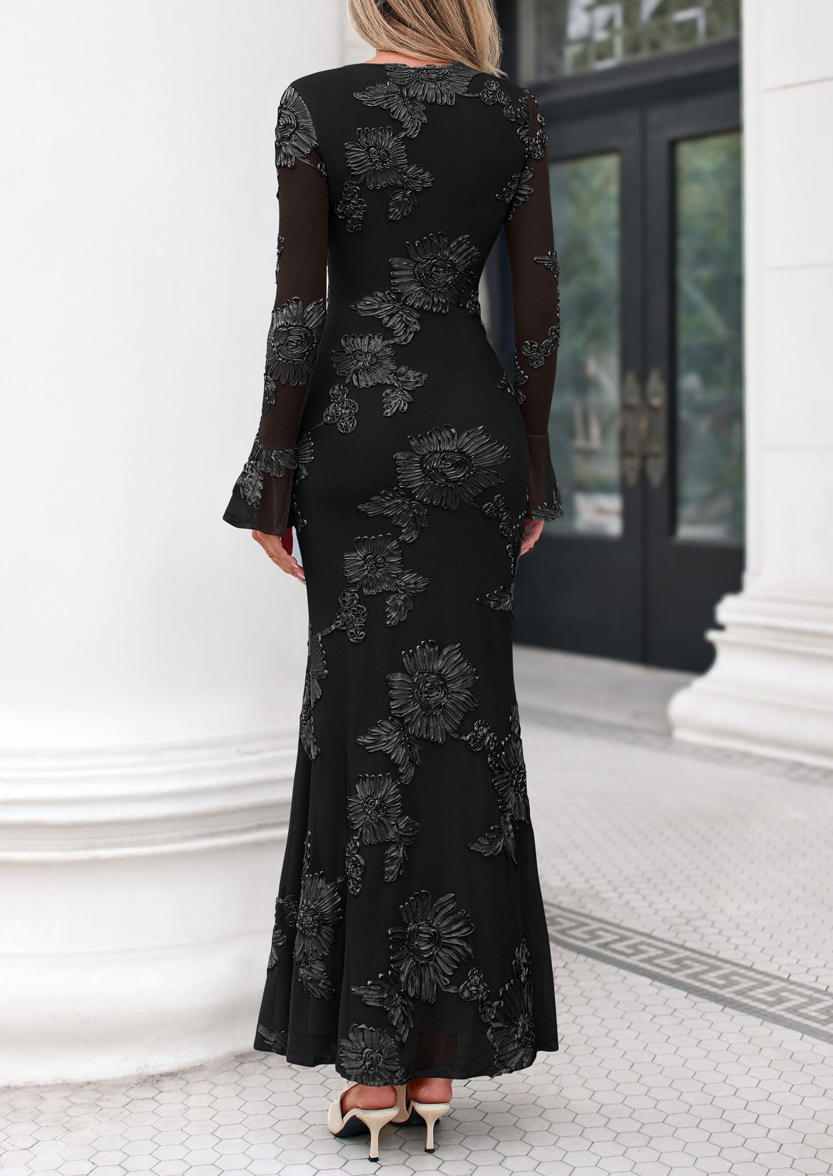 PRETTYGARDEN Women's Formal Floral Maxi Bodycon Dresses Ruffle Long Sleeve, Fall Winter Outfits 2026 for Wedding Guest, Homecoming & Cocktail, Slimming Mesh Dress with Lining
