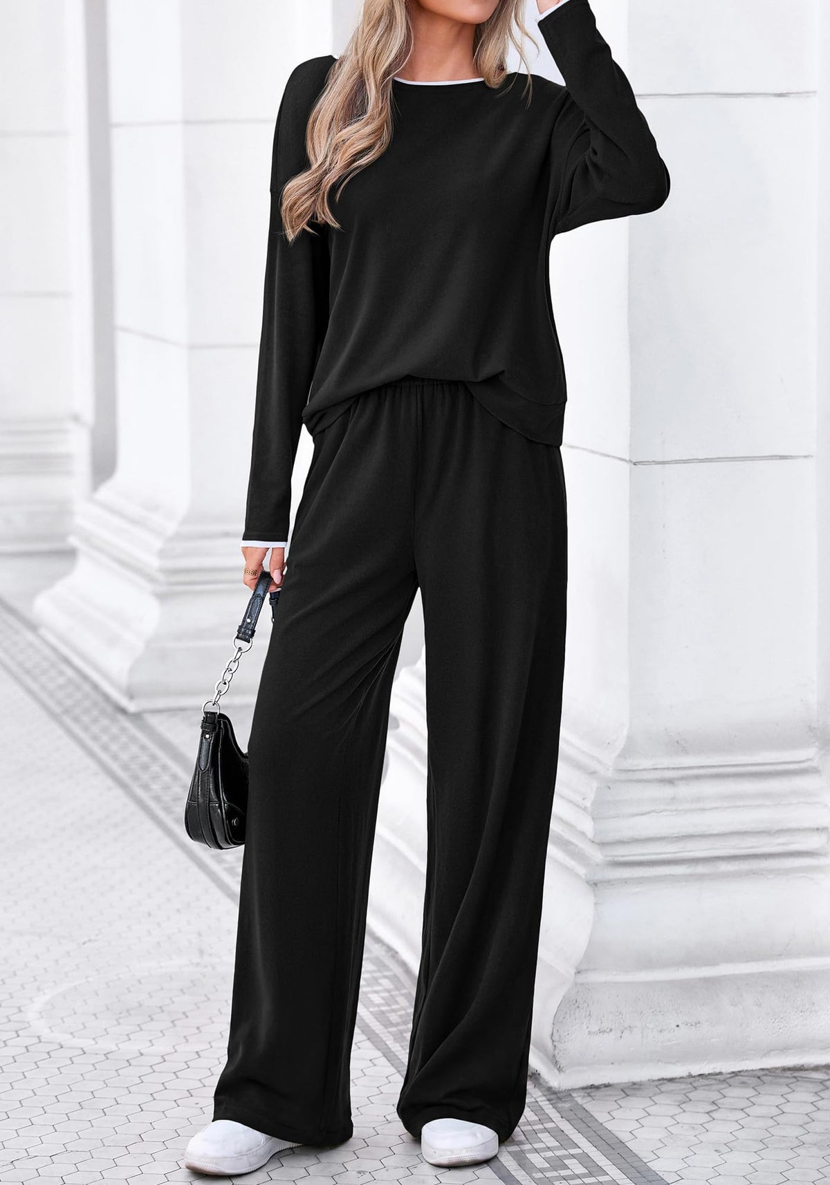 FreshPretty 2 Piece Matching Lounge Sets for Women Fall Outfits,Airport Travel Outfit,Postpartum Going Home,Cute Comfy Loungewear,Boat Neck Long Sleeve Top,Wide Leg Pants,Winter Clothes