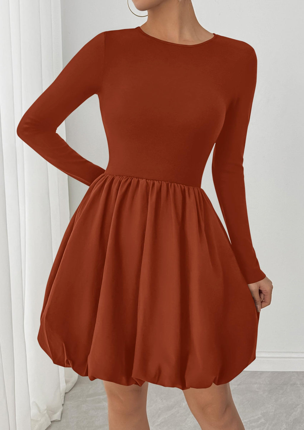 PRETTYGARDEN Fall Dresses for Women Casual Long Sleeve Bubble Cute Crew Neck A Line Mini Short Dress with Pockets