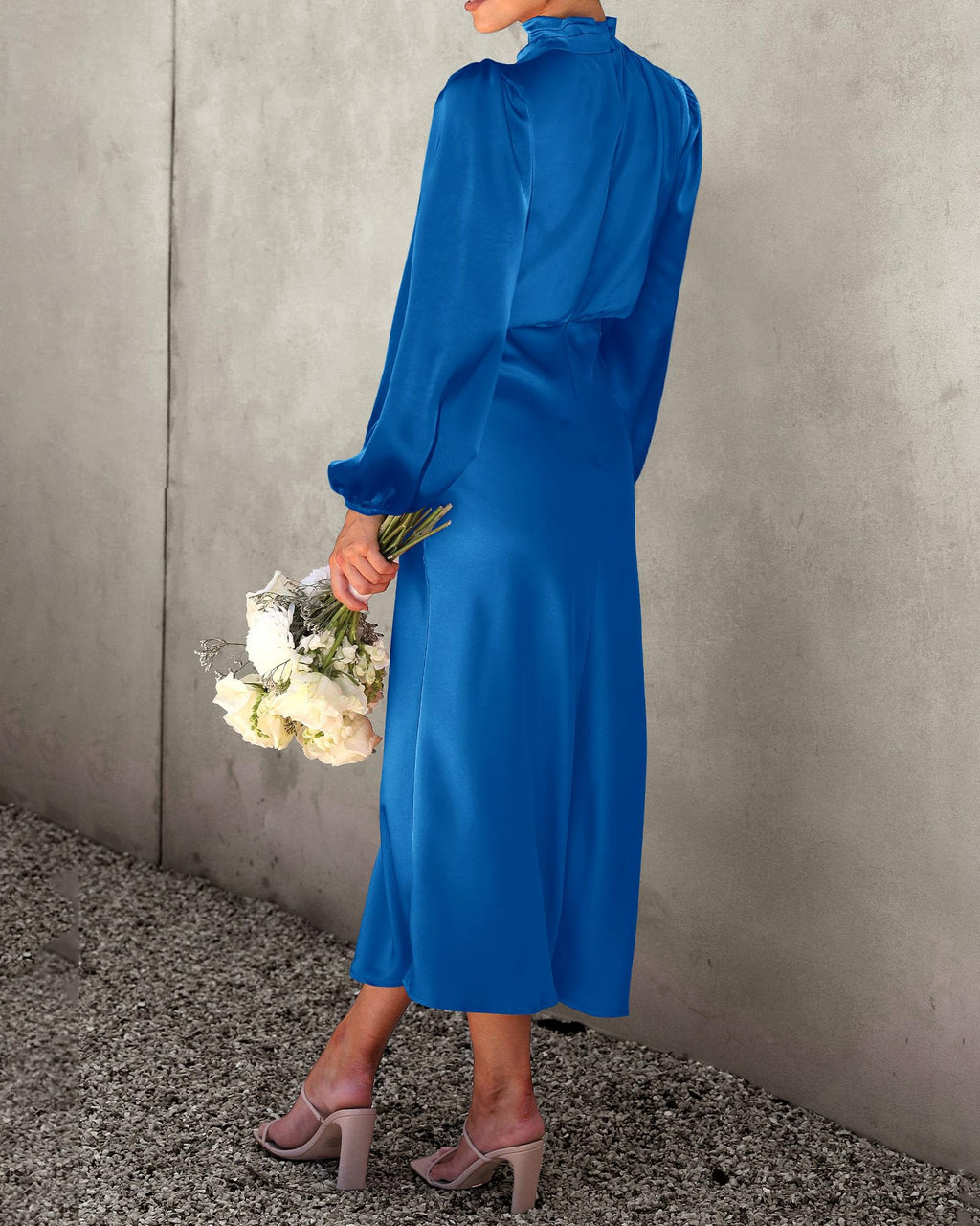 BTFBM Womens Mock Neck Satin Dress Spring Summer Long Sleeve Lightweight Formal Wedding Party Maxi Cocktail Dresses