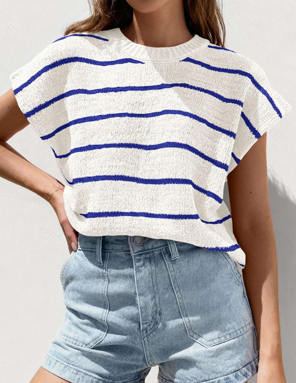 PRETTYGARDEN Womens Summer Short Sleeve Tops Trendy Crew Neck Striped Knit Sweater Business Casual Spring Clothes