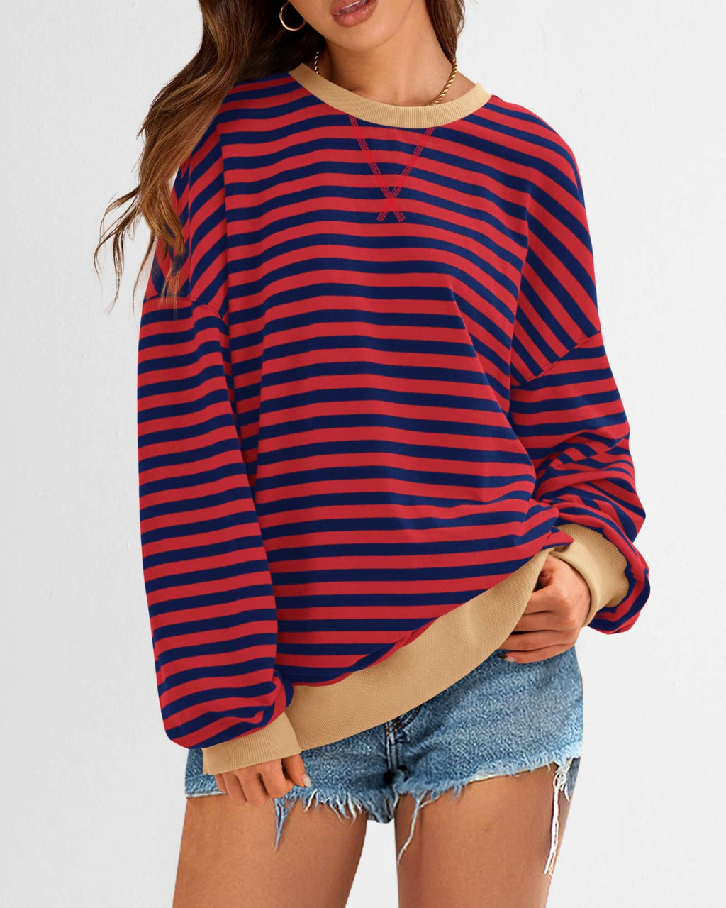 BTFBM Sweatshirt For Women Summer Crewneck Long Sleeve Oversized Striped Pullover Tops Y2K Clothes Workout Shirt