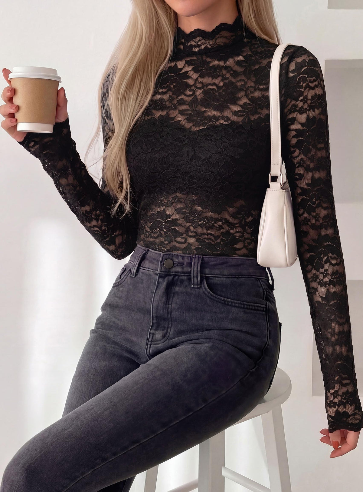 PRETTYGARDEN Womens Lace Long Sleeve Tops Sheer Mesh Blouse | Mock Neck Floral See Through, Slim Fitted, Soft Stretchy Elegant, Going Out Concert, Club Party Outfits, Fall Fashion Clothes