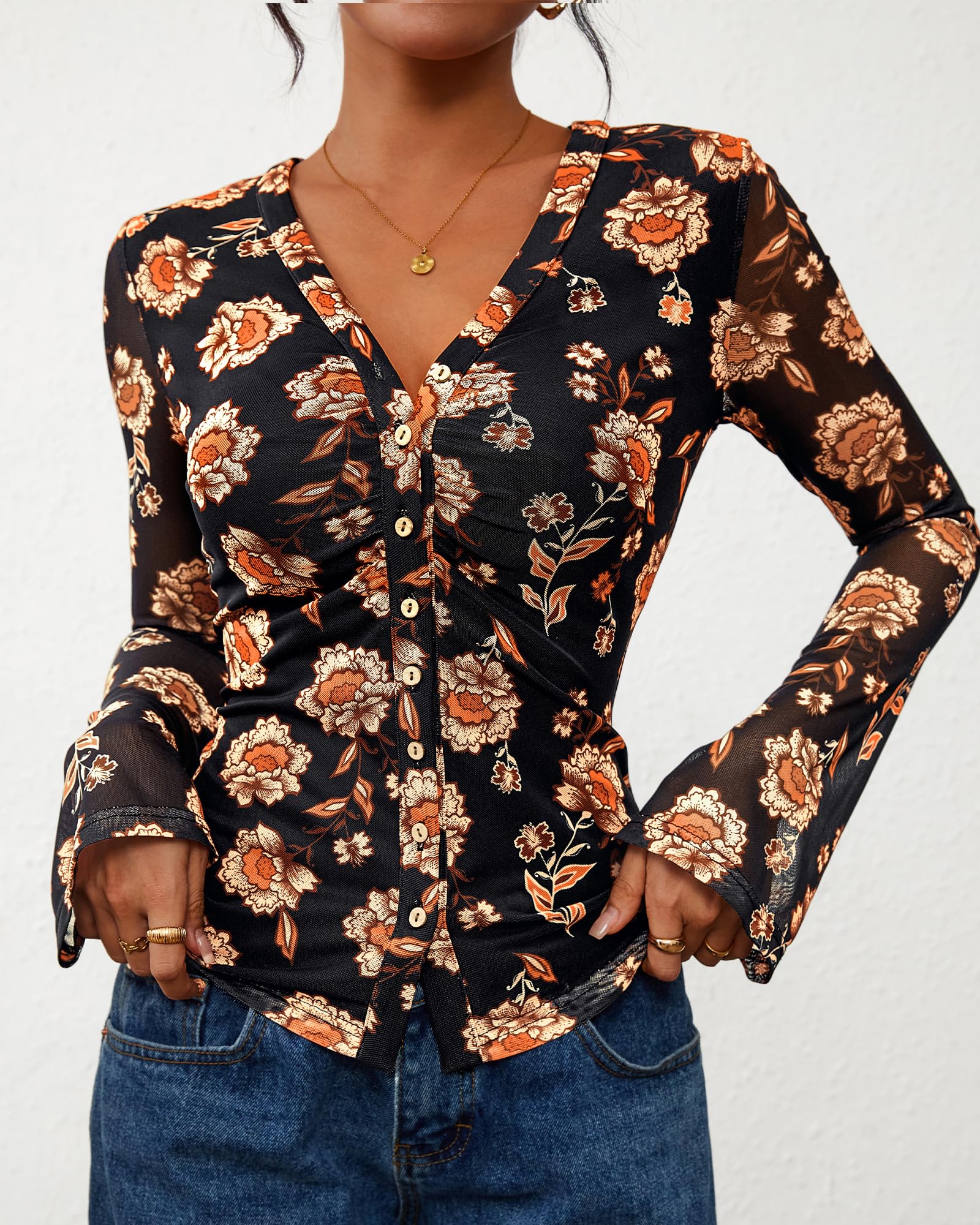 FreshPretty Button Down Shirts for Women Fall Fashion V Neck Long Sleeve Blouse Ruched Mesh Fitted Floral Print Boho Tops