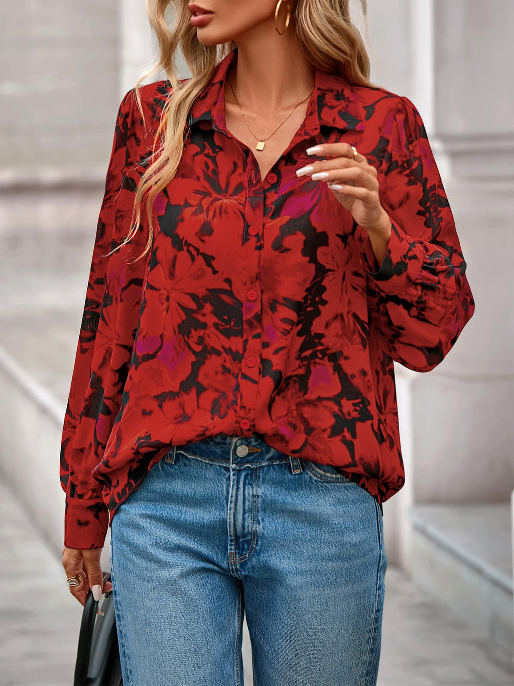 PRETTYGARDEN Women's Floral Blouses Dressy Casual V Neck Button Down Shirts Lantern Long Sleeve Boho Chiffon Spring Tops