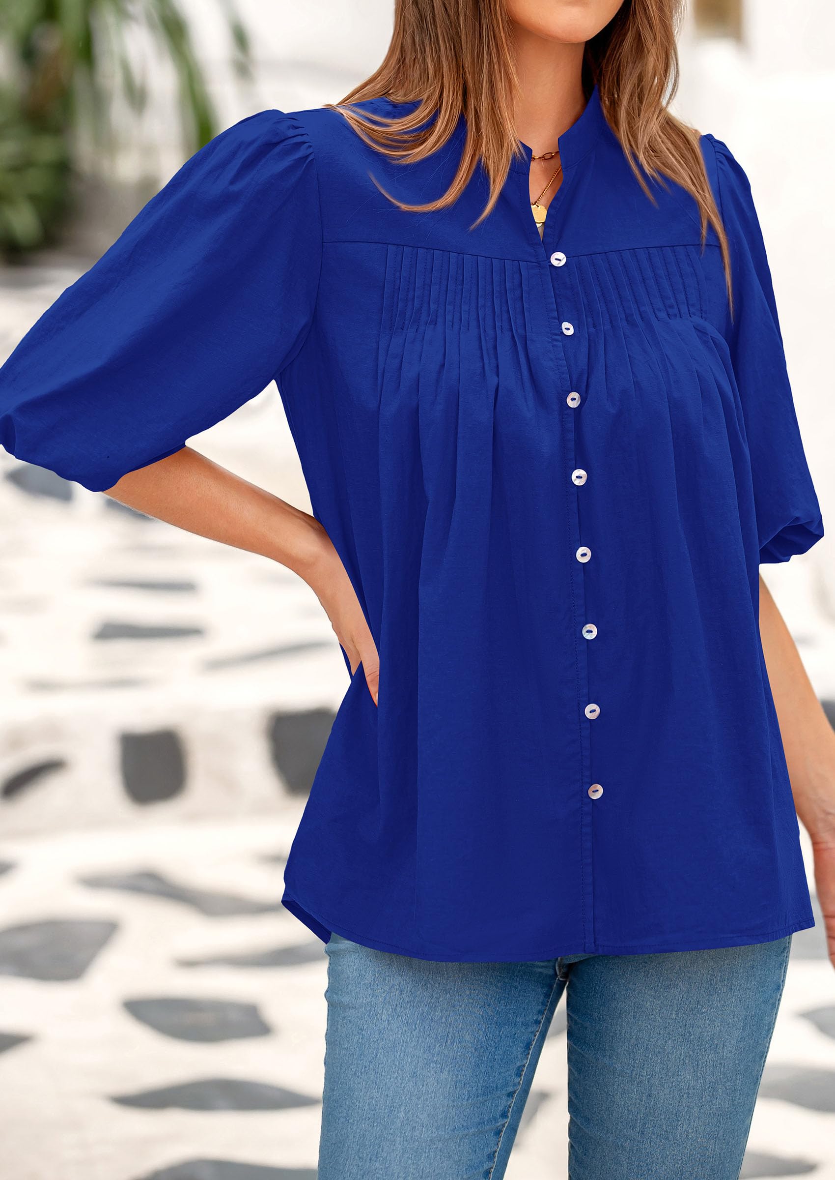 PRETTYGARDEN Women's  Summer Short Lantern Sleeve Tops Loose Fit Button Down Shirt Pleated V Neck Blouses Trendy Clothes