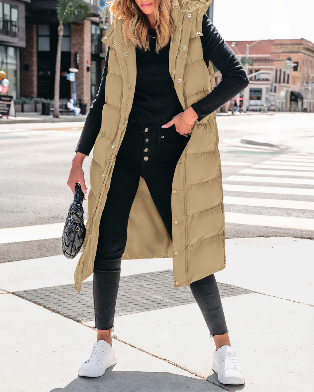 BTFBM Long Puffer Vest Women Quilted Hooded Button Down Zip Up Sleeveless Vests Outerwear Padded Jacket Fall Winter Coat