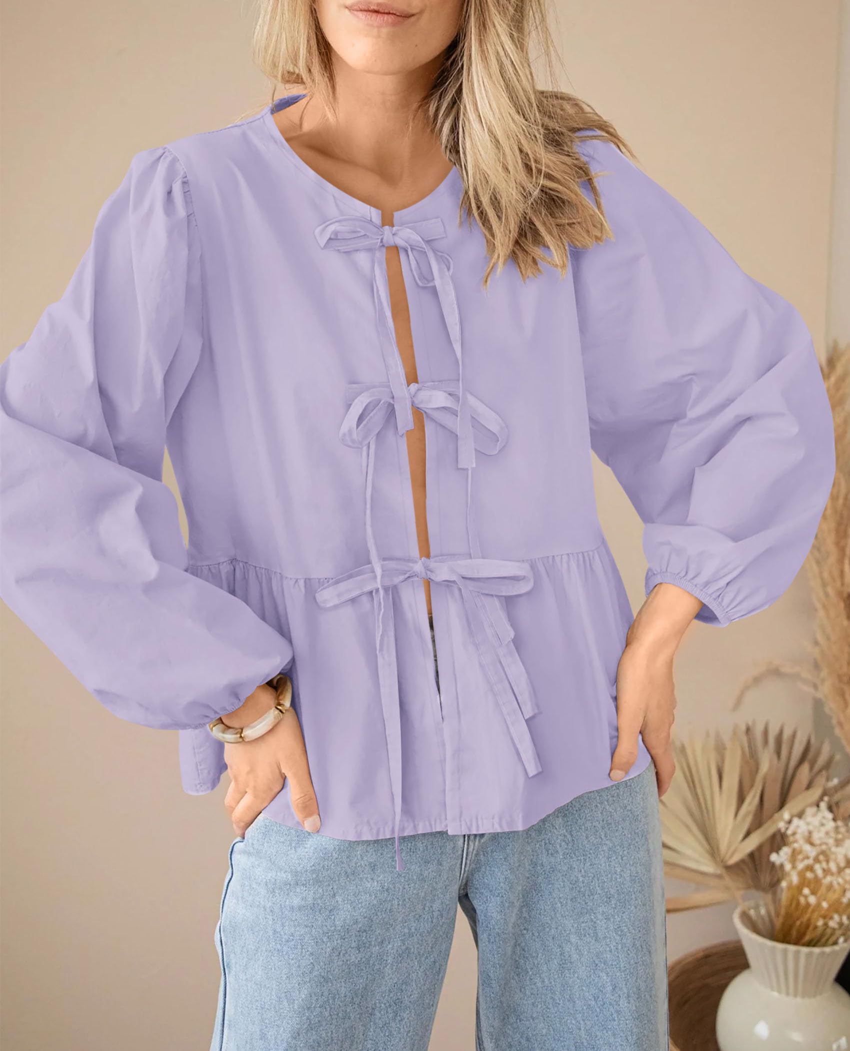PRETTYGARDEN Women's Spring Fall Babydoll Peplum Blouse Shirt Puff Long Sleeve Bow Tie Front Trendy Cute Y2K Going Out Tops