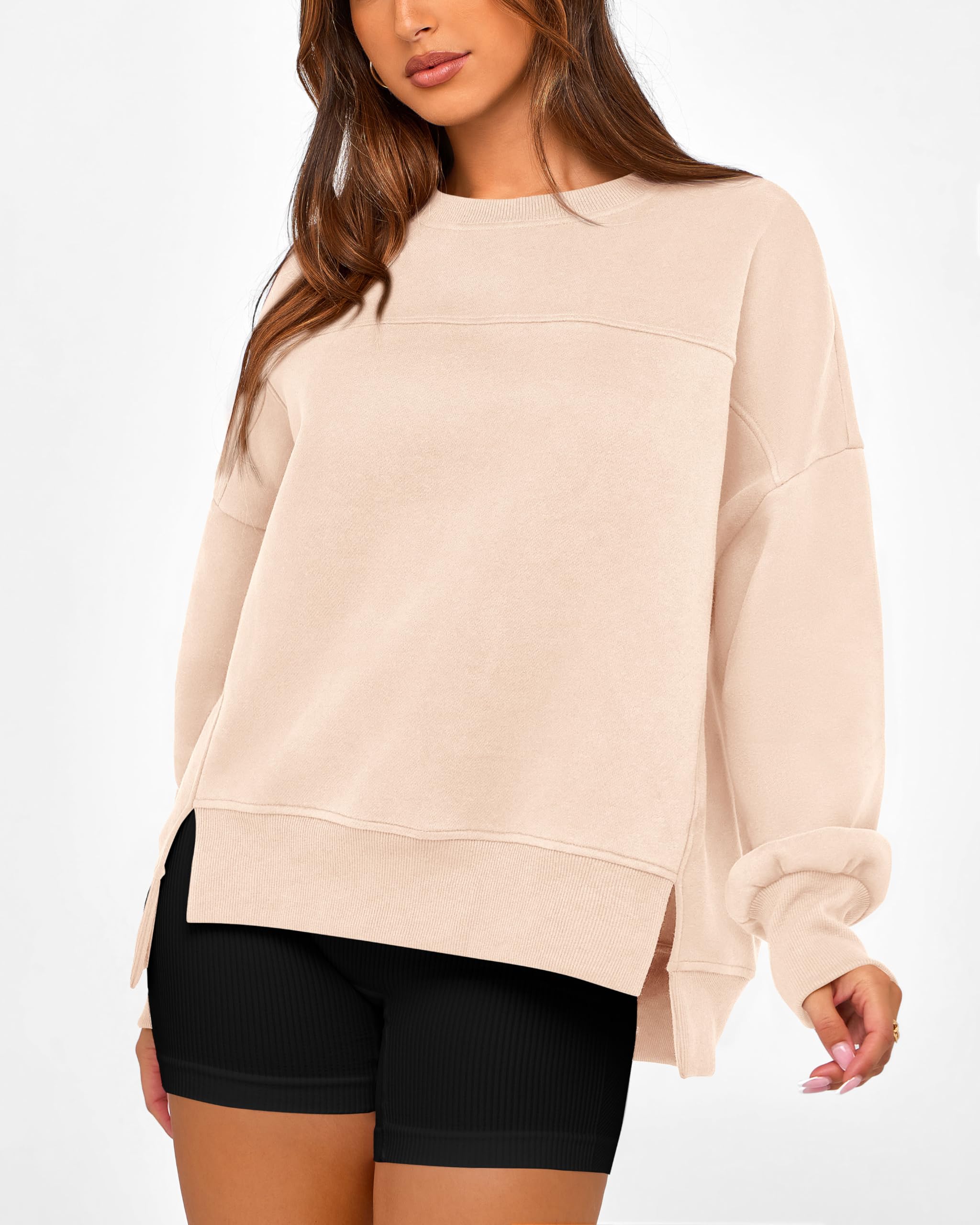BTFBM Women's Casual Crewneck Sweatshirts Spring Long Sleeve Side Slit Workout Fleece Pullover Top Fashion Clothing