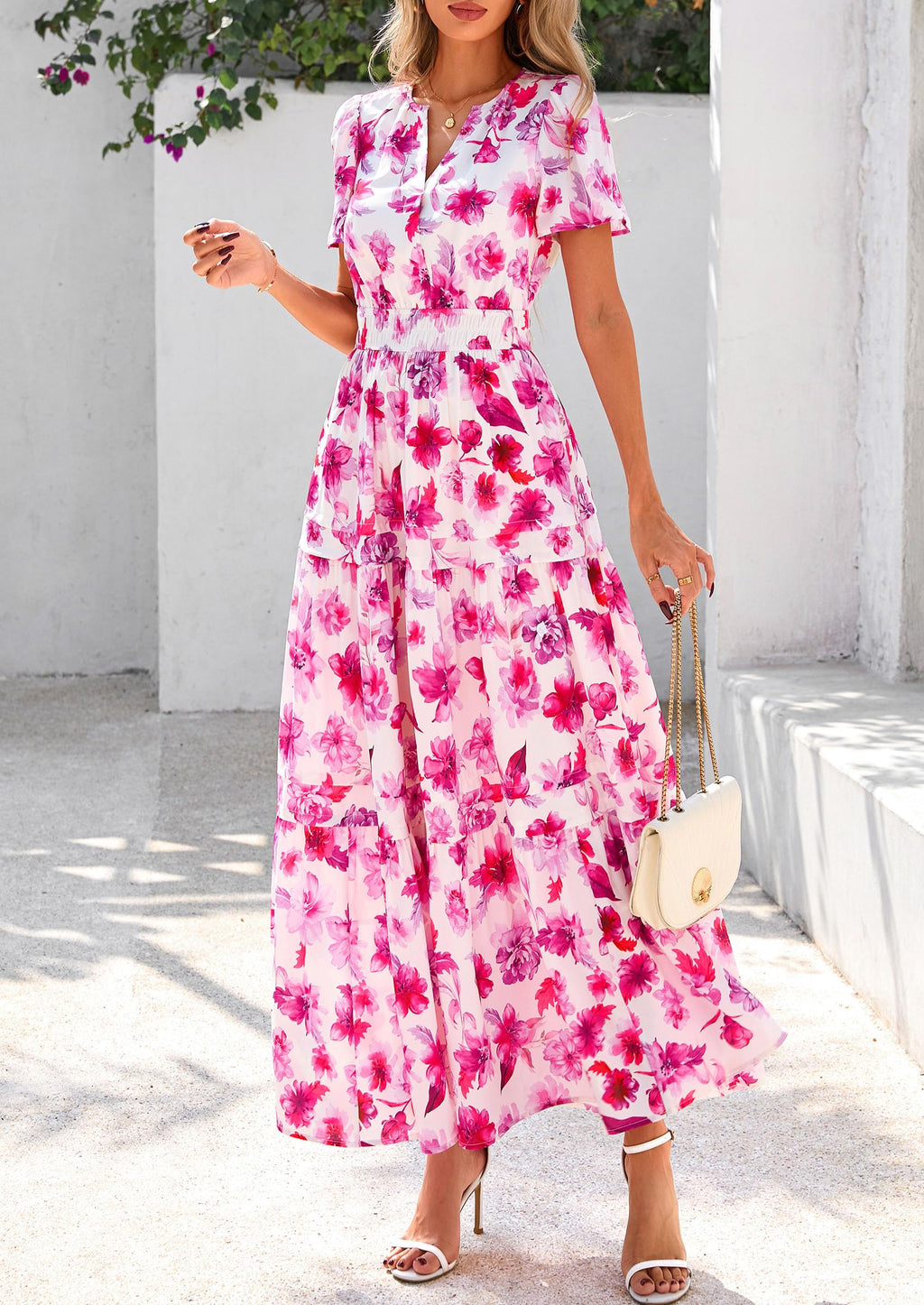 PRETTYGARDEN Summer Maxi Dresses for Women  Casual V Neck Puff Short Sleeve Smocked Flowy Beach Boho Long Floral Dress