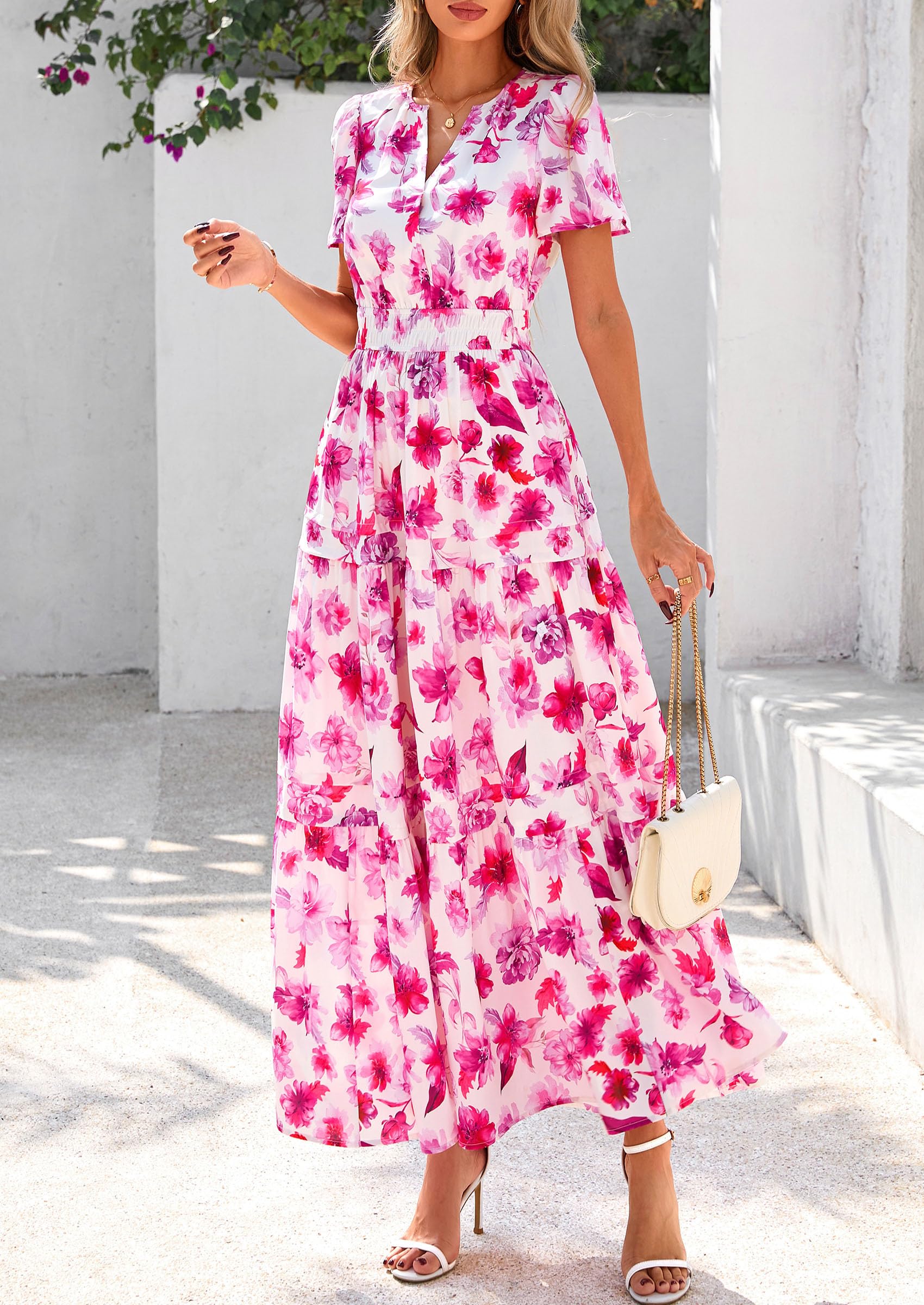 PRETTYGARDEN Summer Maxi Dresses for Women  Casual V Neck Puff Short Sleeve Smocked Flowy Beach Boho Long Floral Dress