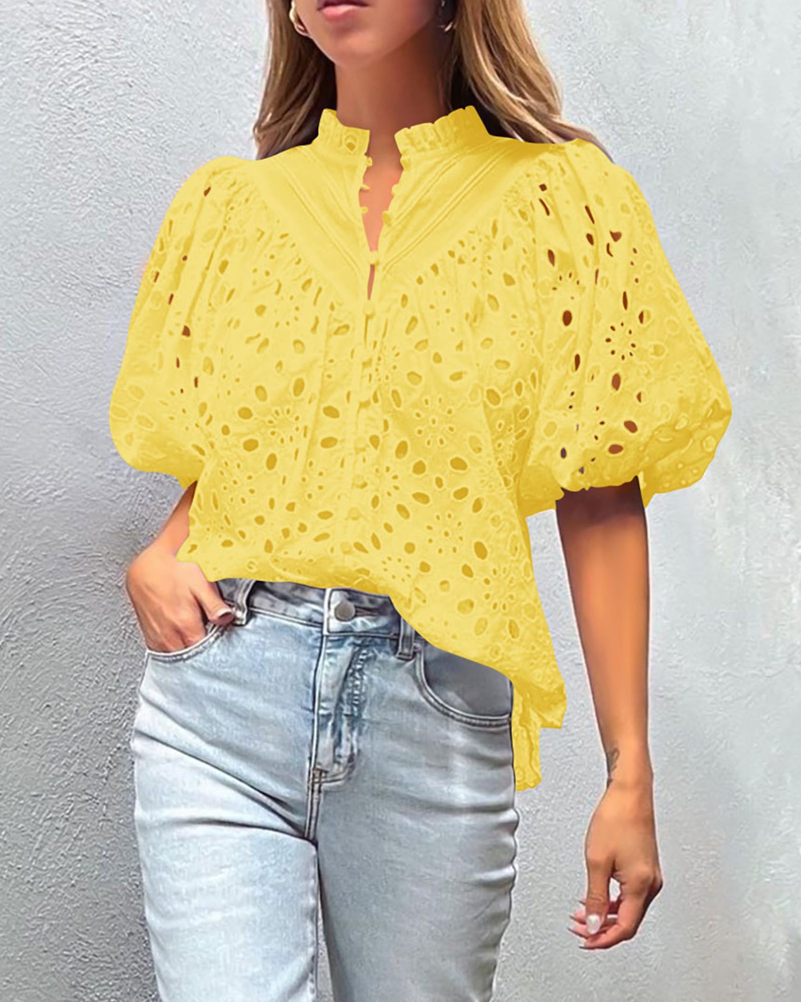 PRETTYGARDEN Women's Summer Tops Dressy Casual Short Sleeve V Neck Buttons Hollow Out Lace Embroidered Blouses Shirts