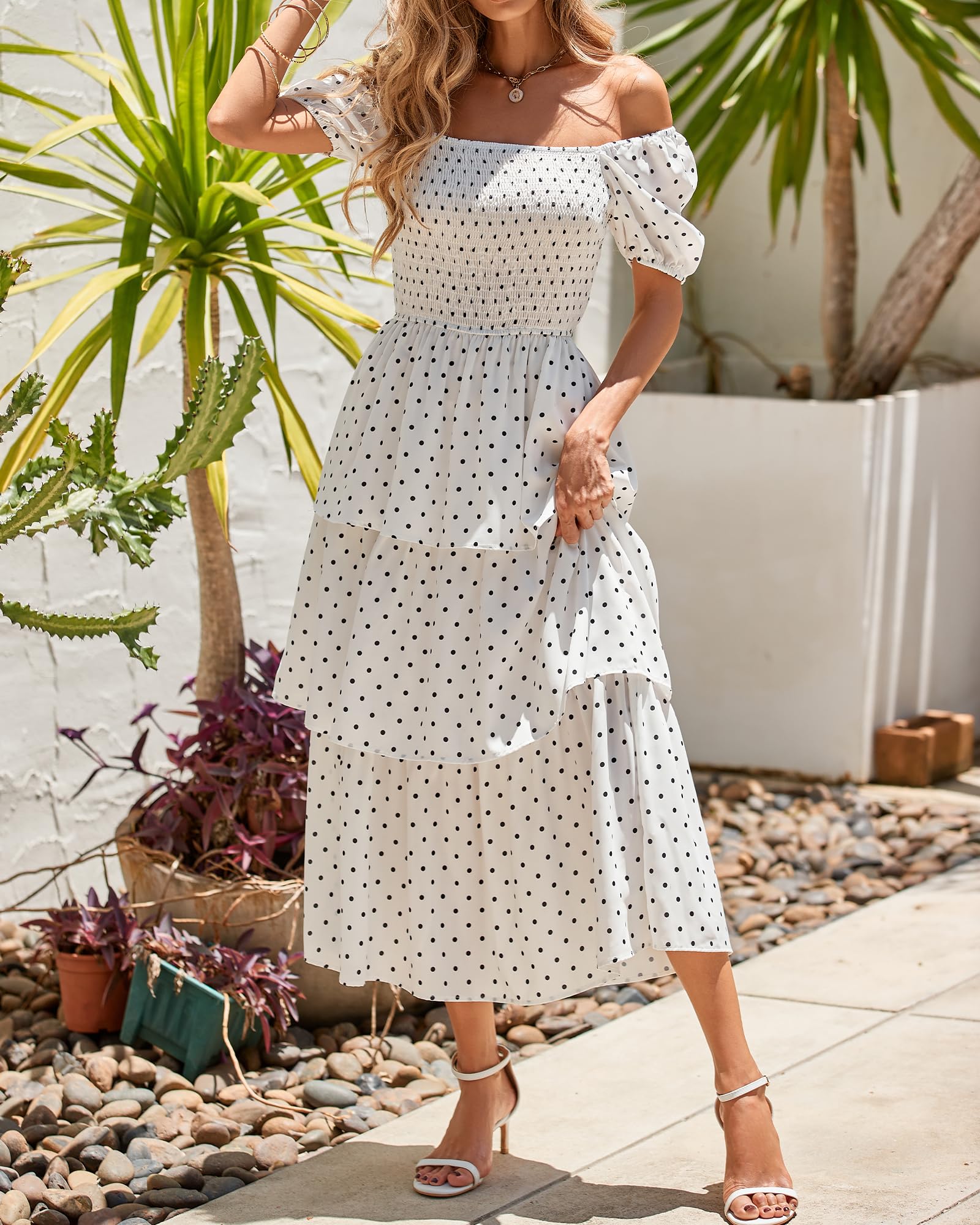 BTFBM Womens Square Neck Smocked Dress Summer Puff Short Sleeve Floral Casual Ruffle Tiered Maxi Wedding Guest Dresses