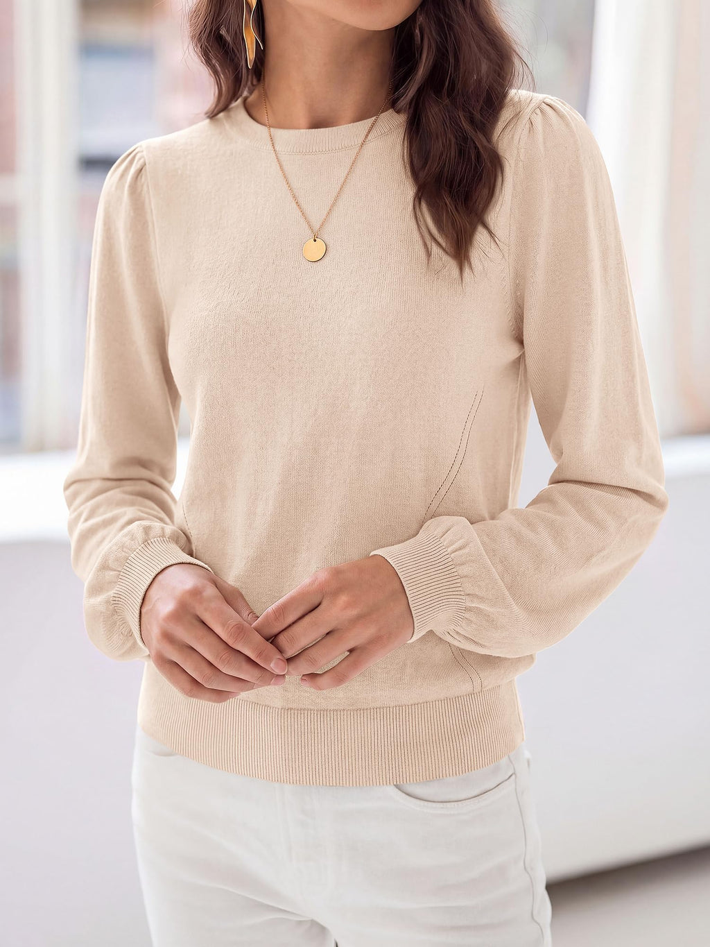 FreshPretty Womens Sweaters Lightweight Puff Sleeve Knit Tops,Soft Knitted Pullover Top,Crew Neck Basic Tunic Shirts,Ribbed Hem,Fall Fashion Dressy Casual Work Office Blouses