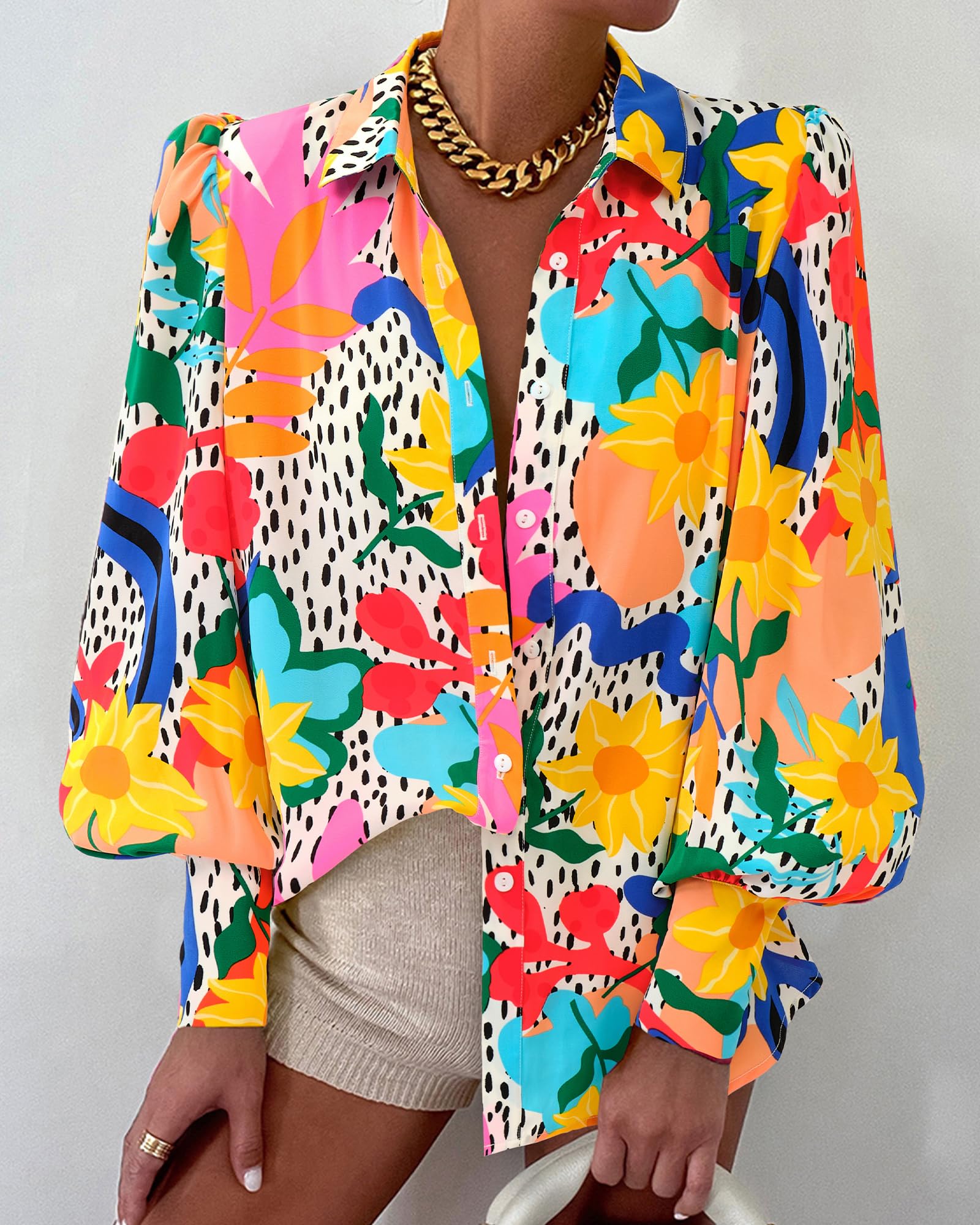 BTFBM Women Fashion Button Down Shirts V Neck Boho Printed Long Sleeve Blouses Dressy Casual Spring Fall Tops