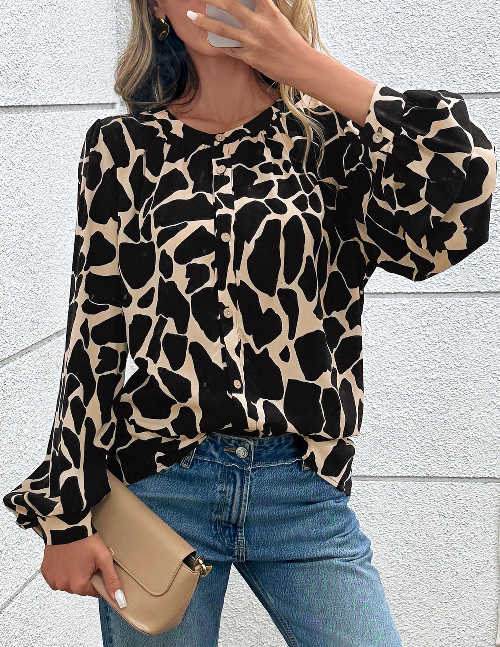 PRETTYGARDEN Women's Floral Button Down Blouse Fall Fashion Dressy Casual Long Sleeve Oversized Shirts Top Boho Clothes