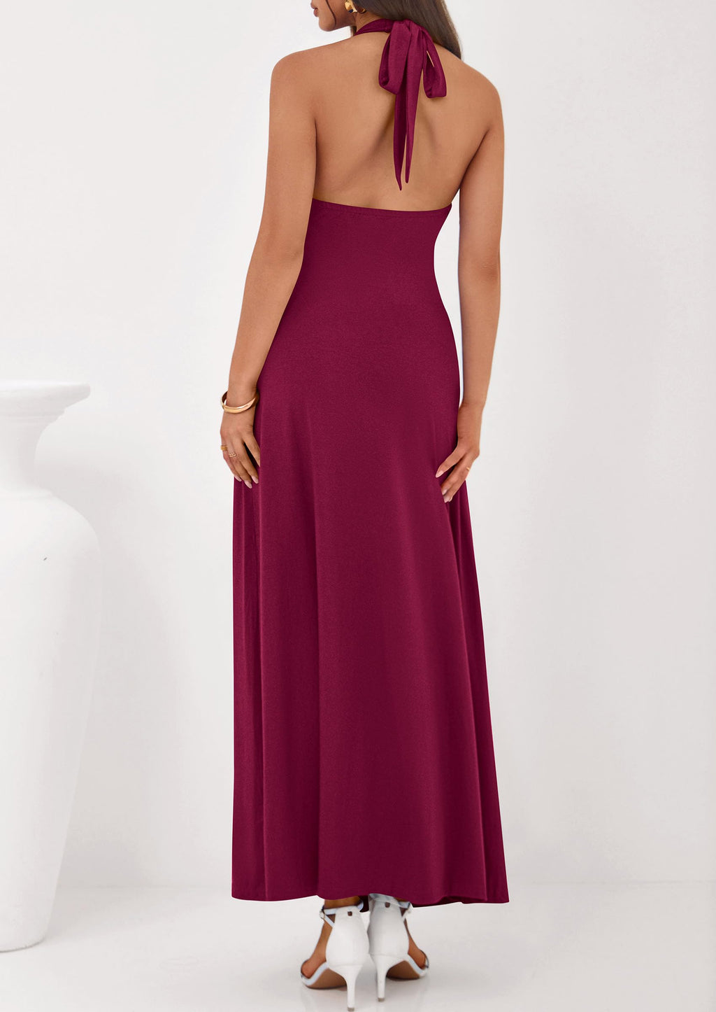 PRETTYGARDEN Holiday Cocktail Dresses for Women Summer Elegant V Neck Halter Backless Wedding Guest Party Midi Dress