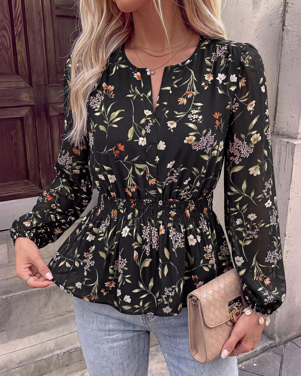 BTFBM Womens Tops Dressy Casual Floral V Neck Long Sleeve Chiffon Shirts | Chiffon Lantern Sleeve Flowy Peplum Sheer Top,Elastic Waist Babydoll Blouses,Boho Vacation Outfits,Fall Fashion Clothing