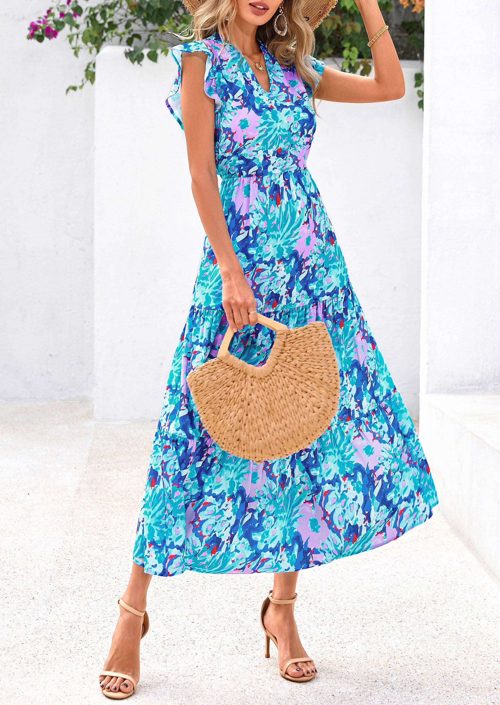 Visit the PRETTYGARDEN Store PRETTYGARDEN Women's Summer Floral Midi Dress Cap Sleeve V Neck Ruffle Long Flowy Boho Casual Beach Vacation Dresses