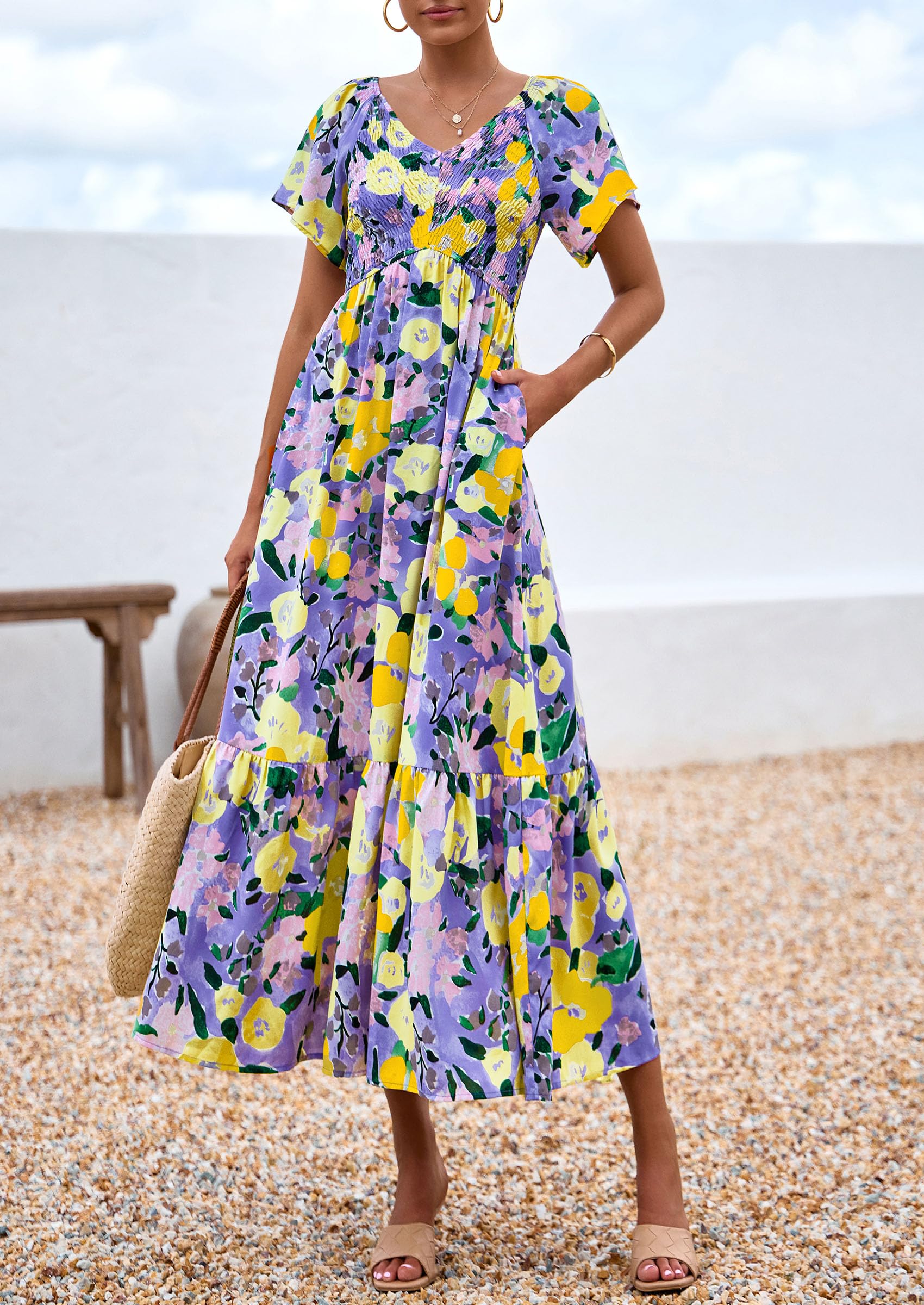 PRETTYGARDEN Boho Dresses for Women Summer Floral Short Sleeve V Neck Smocked Flowy Beach Vacation Maxi Dress