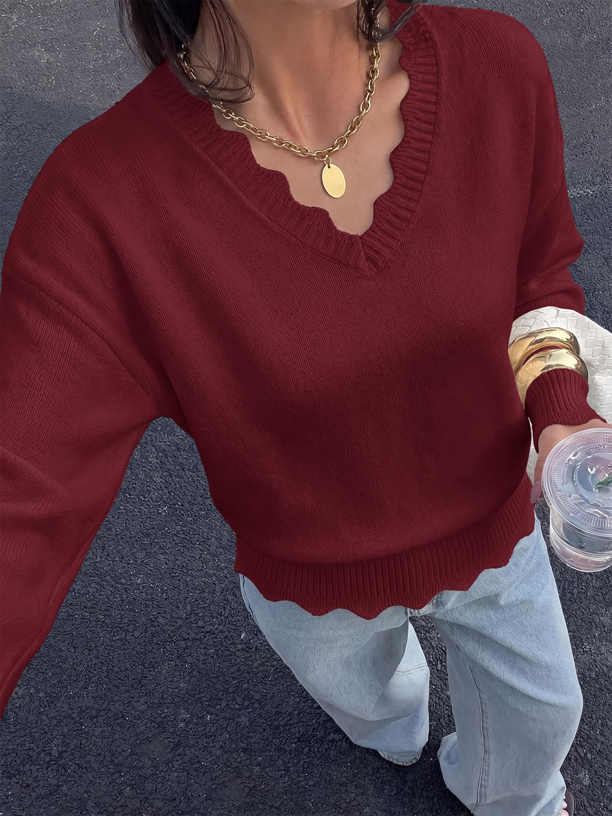 BTFBM Fall Long Sleeve Sweaters for Women | V Neck,Drop Shoulders,Scallop Edges,Lightweight Knit Sweaters Top,Daily Wear,Holiday,Christmas,Winter Clothing
