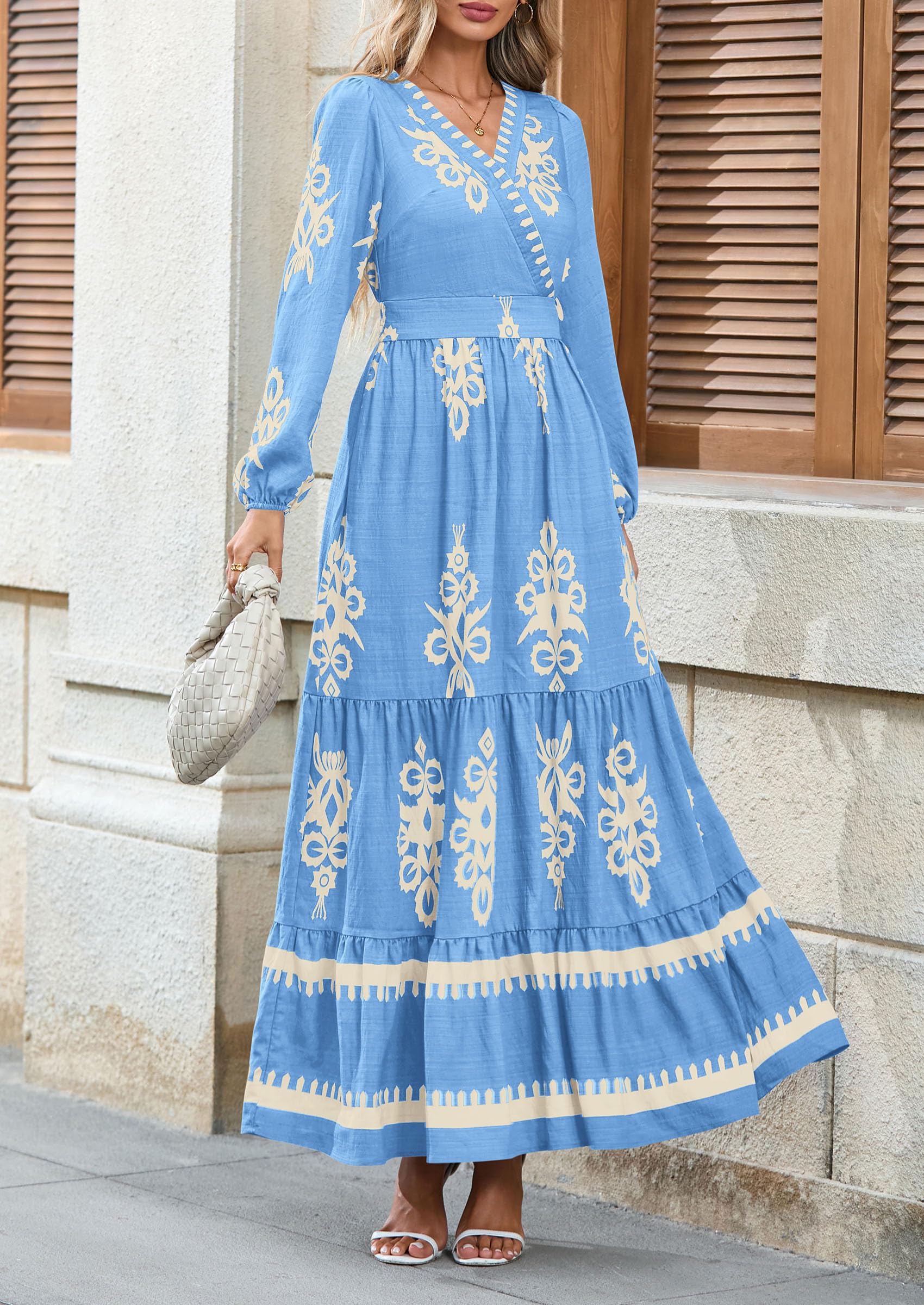 PRETTYGARDEN Women's Fall Wedding Guest Dresses Boho Floral Long Sleeve V Neck Flowy Elegant Maxi Dress Beach Clothes