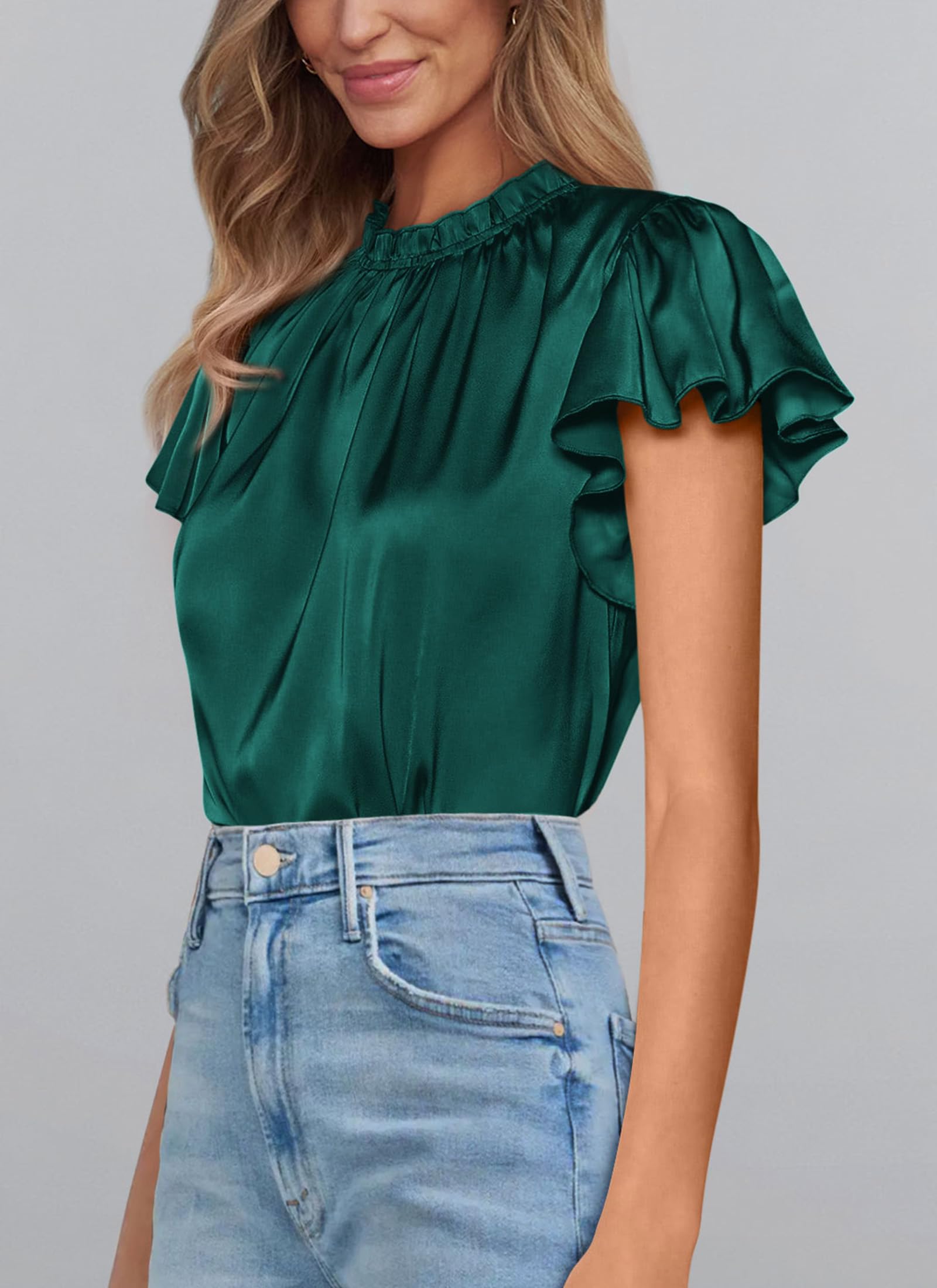 PRETTYGARDEN Business Casual Tops for Women Blouses Dressy  Summer Short Sleeve Ruffle Satin Work Office Attire