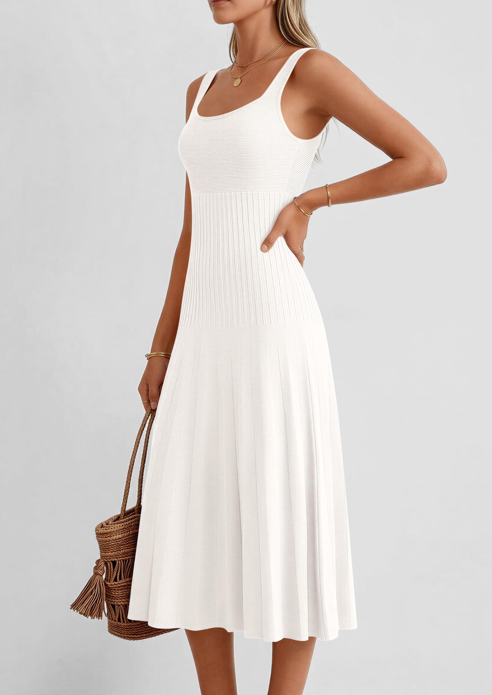 PRETTYGARDEN Spring Dresses for Women Summer Casual Sleeveless Square Neck A Line Knit Pleated Midi Cocktail Party Dress