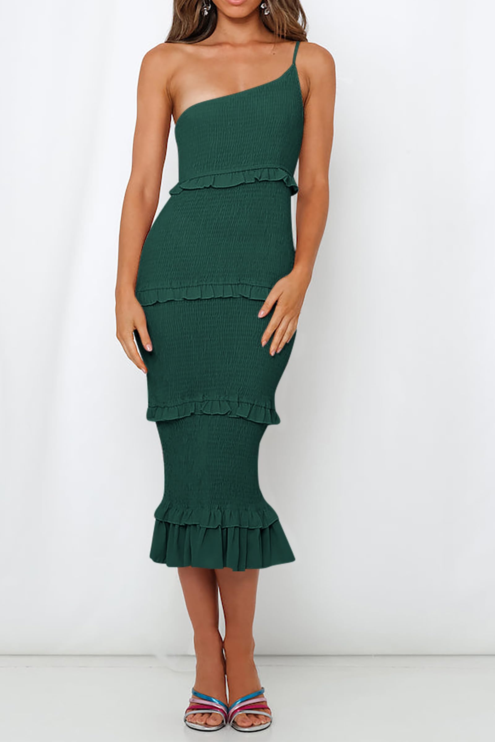 PRETTYGARDEN Women's Summer Midi Bodycon Dresses One Shoulder Strappy Tiered Ruffle Floral Boho Sun Dress