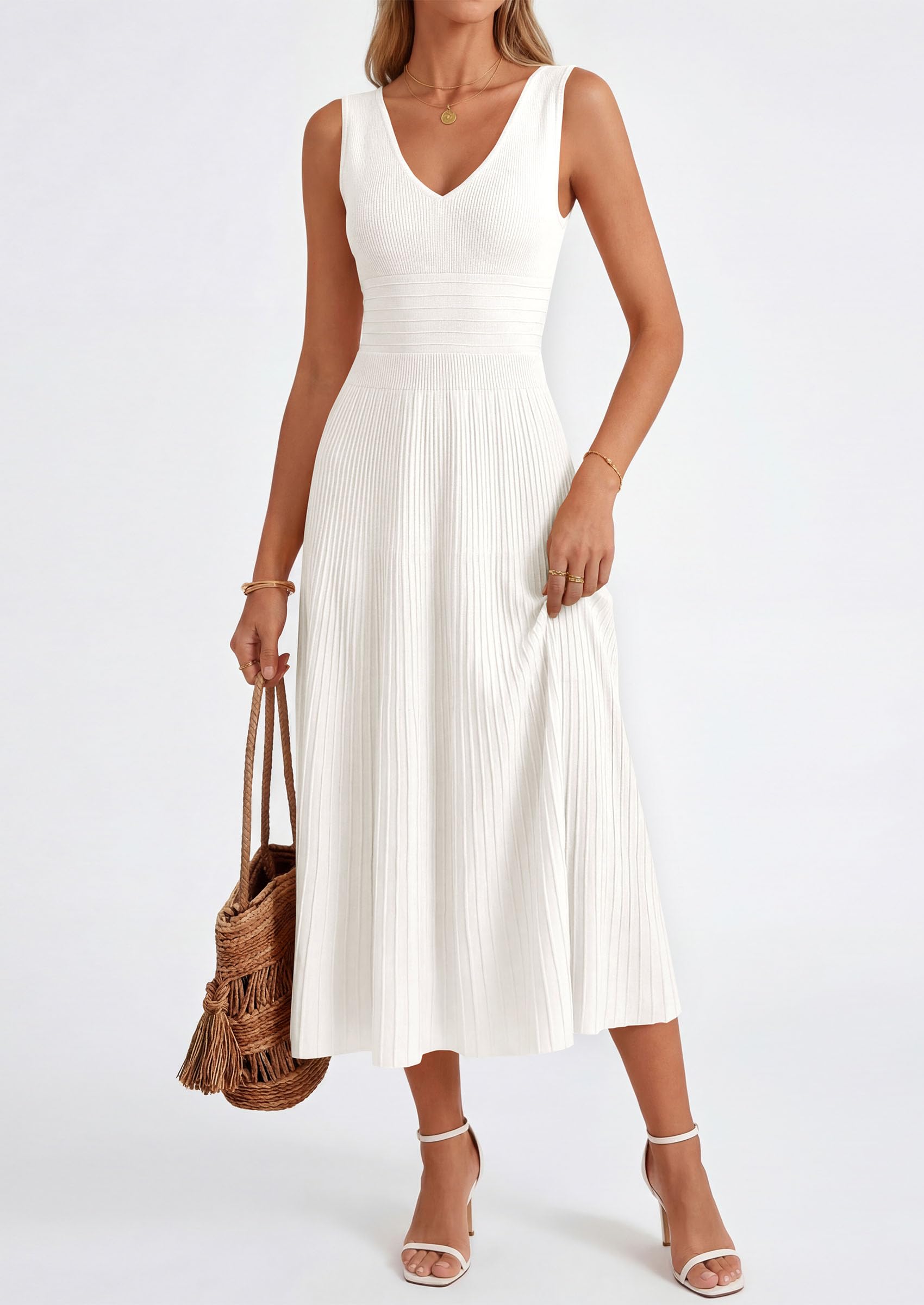 PRETTYGARDEN Women's Summer Casual Dresses Spring Sleeveless V Neck Knit Midi Business Work A Line Cocktail Dress