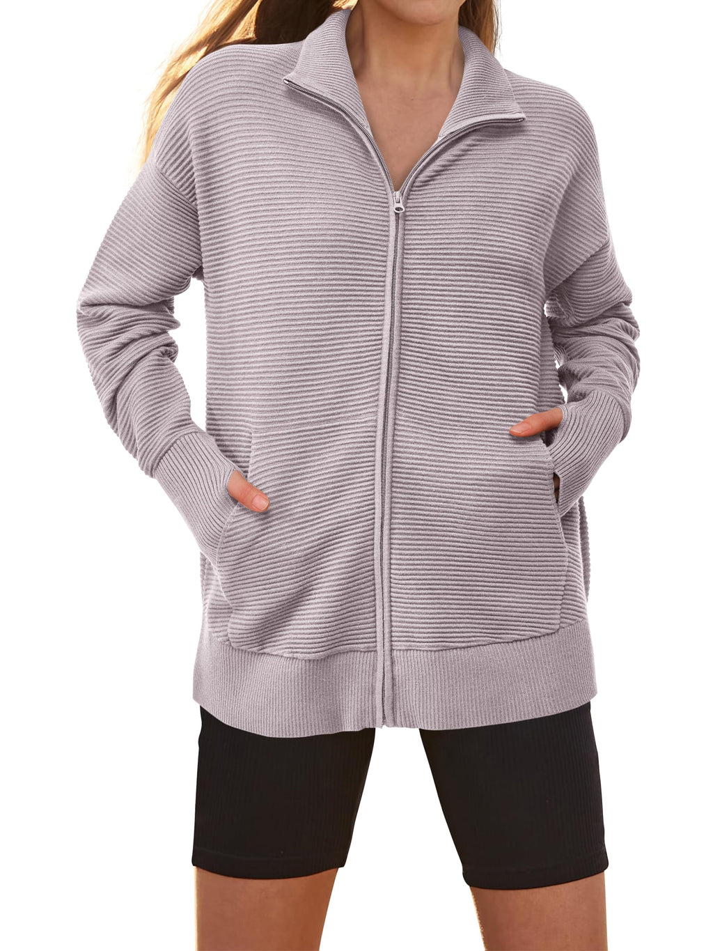 PRETTYGARDEN Womens Fall Long Sleeve Zip Up Cardigan Sweaters Casual Loose Collared Ribbed Knit Tops Jackets Thumb Hole