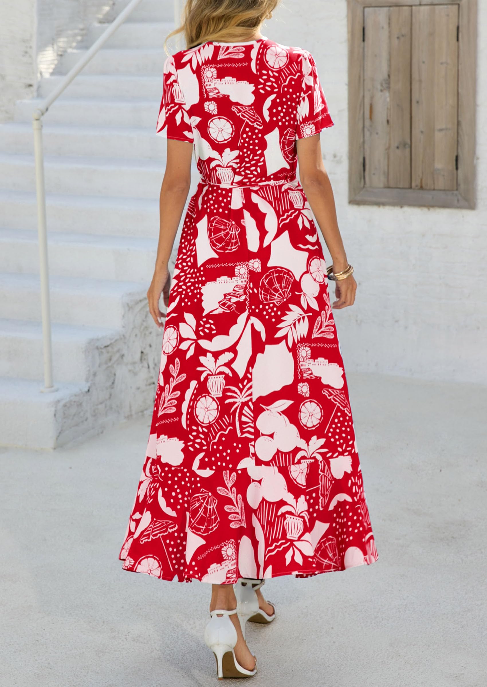 PRETTYGARDEN Women's Summer Maxi Dress Casual Wrap Floral Boho Short Sleeve V Neck Split Ruffle Beach Long Dresses