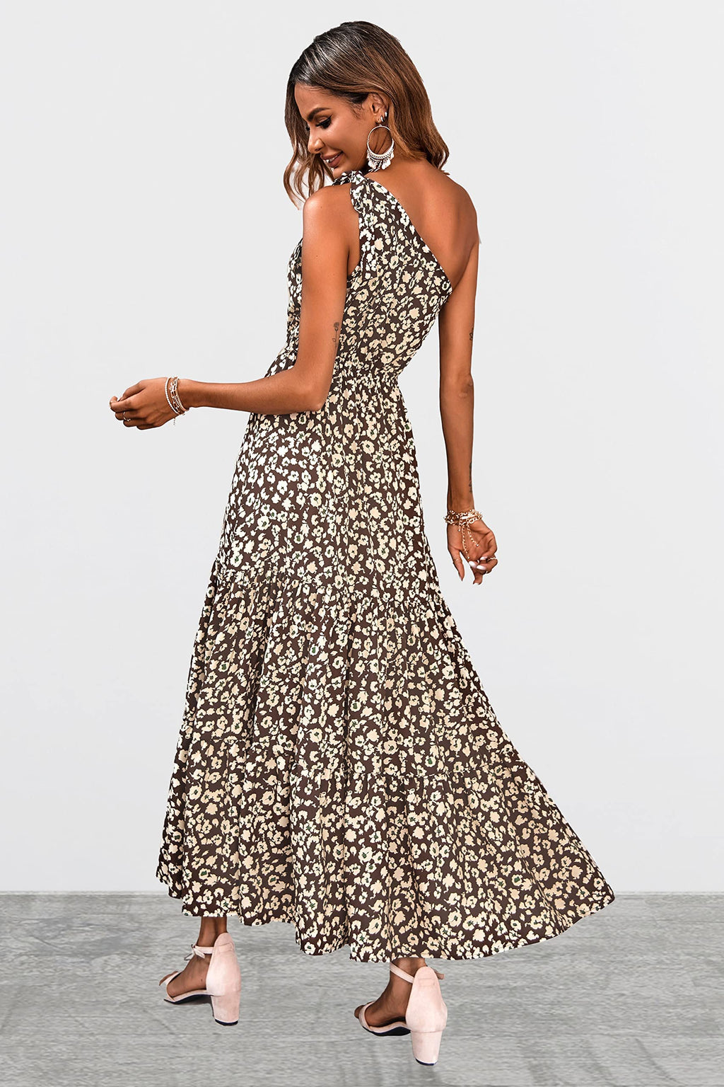 PRETTYGARDEN Women's Summer Floral One Shoulder Maxi Dress Knot Ruffle Boho Beach Vacation Wedding Guest Long Sun Dresses