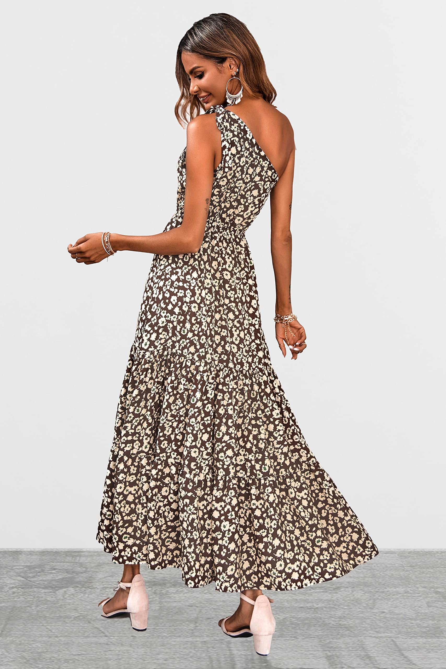 PRETTYGARDEN Women's Summer Floral One Shoulder Maxi Dress Knot Ruffle Boho Beach Vacation Wedding Guest Long Sun Dresses