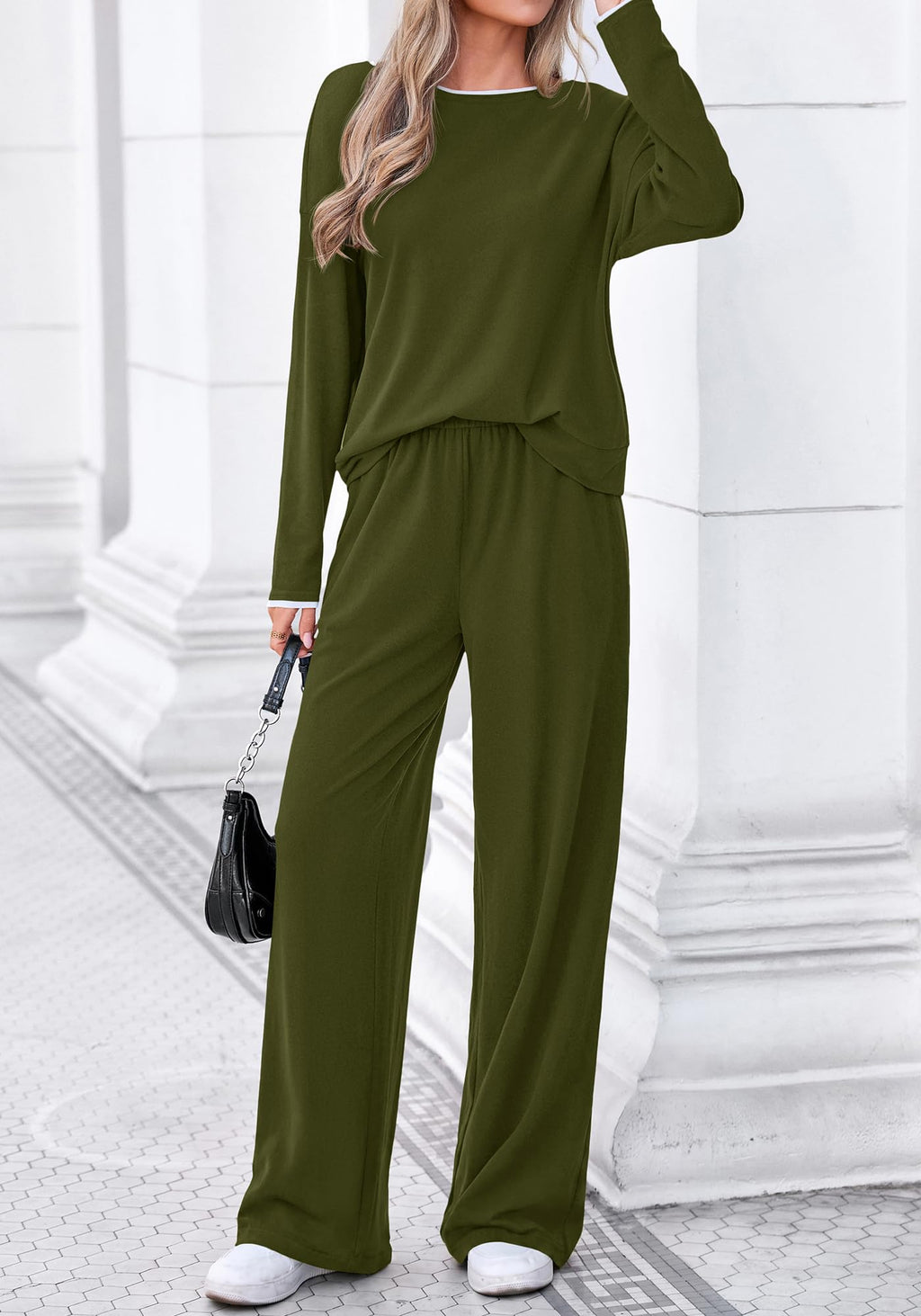 FreshPretty 2 Piece Matching Lounge Sets for Women Fall Outfits,Airport Travel Outfit,Postpartum Going Home,Cute Comfy Loungewear,Boat Neck Long Sleeve Top,Wide Leg Pants,Winter Clothes