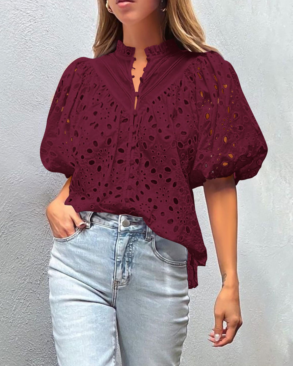 PRETTYGARDEN Women's Summer Tops Dressy Casual Short Sleeve V Neck Buttons Hollow Out Lace Embroidered Blouses Shirts