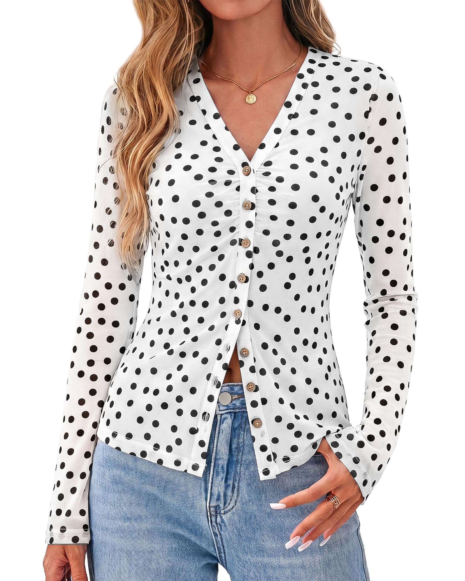 BTFBM Button Down Shirts for Women Spring Boho Tops V Neck Long Sleeve Blouses Ruched Mesh Fitted Fall Fashion