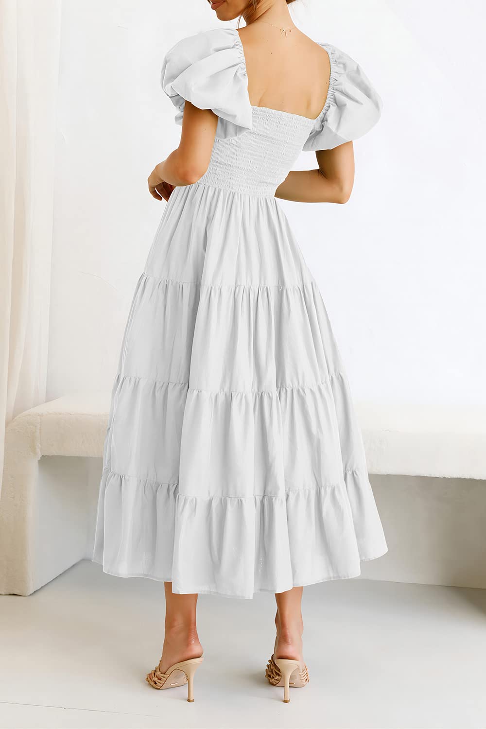 PRETTYGARDEN Women's Casual Summer Midi Dress Puffy Short Sleeve Square Neck Smocked Tiered Ruffle Dresses